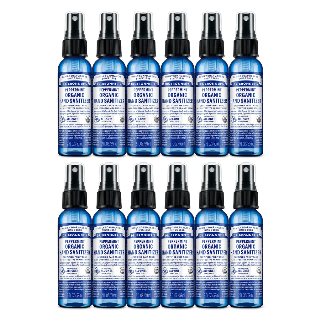 Dr. Bronners - Organic Hand Sanitizer Spray (Peppermint, 2 Ounce, 12-Pack) - Simple & Effective Formula, Cleanses & Sanitizes, 