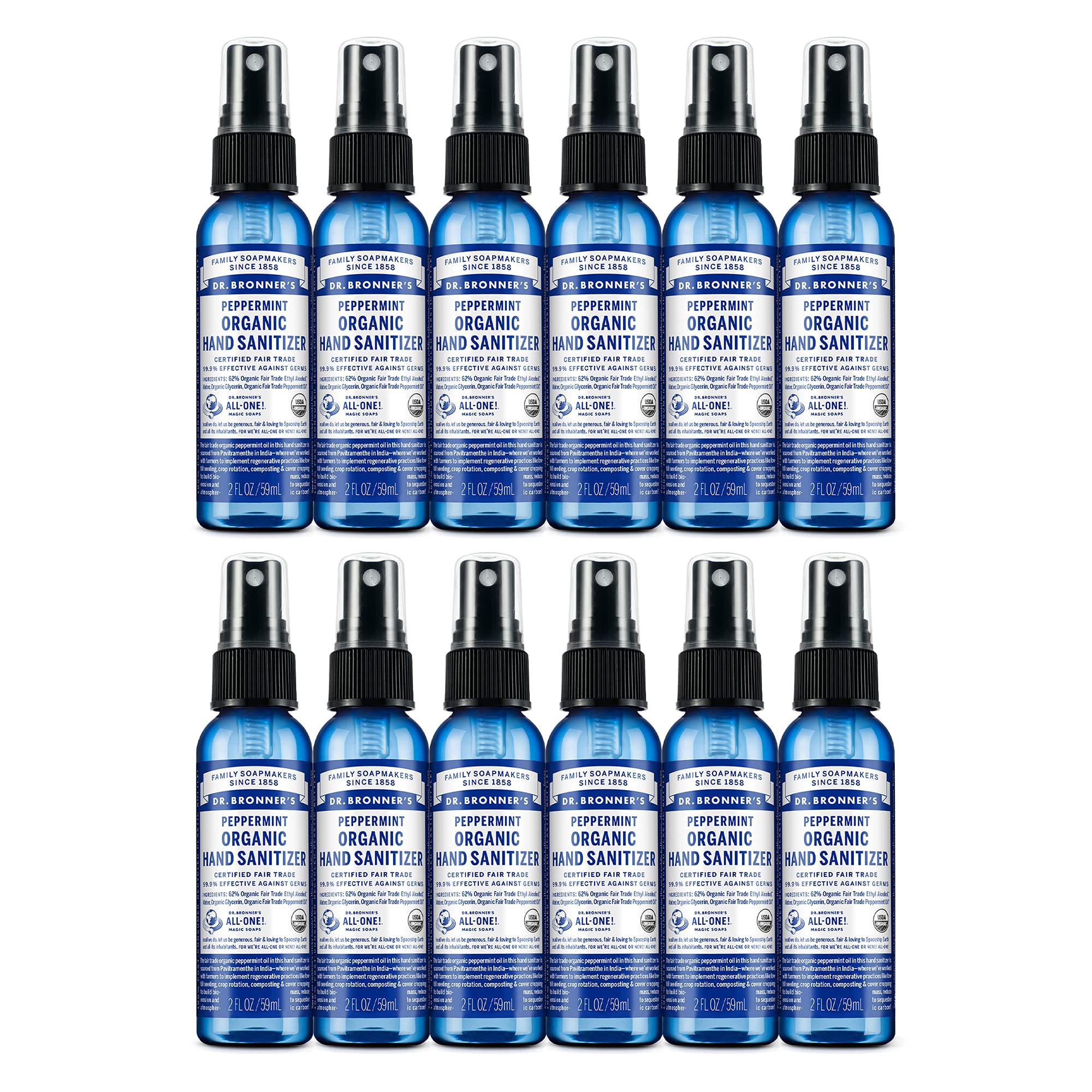 Dr. Bronners - Organic Hand Sanitizer Spray (Peppermint, 2 Ounce, 12-Pack) - Simple & Effective Formula, Cleanses & Sanitizes, 