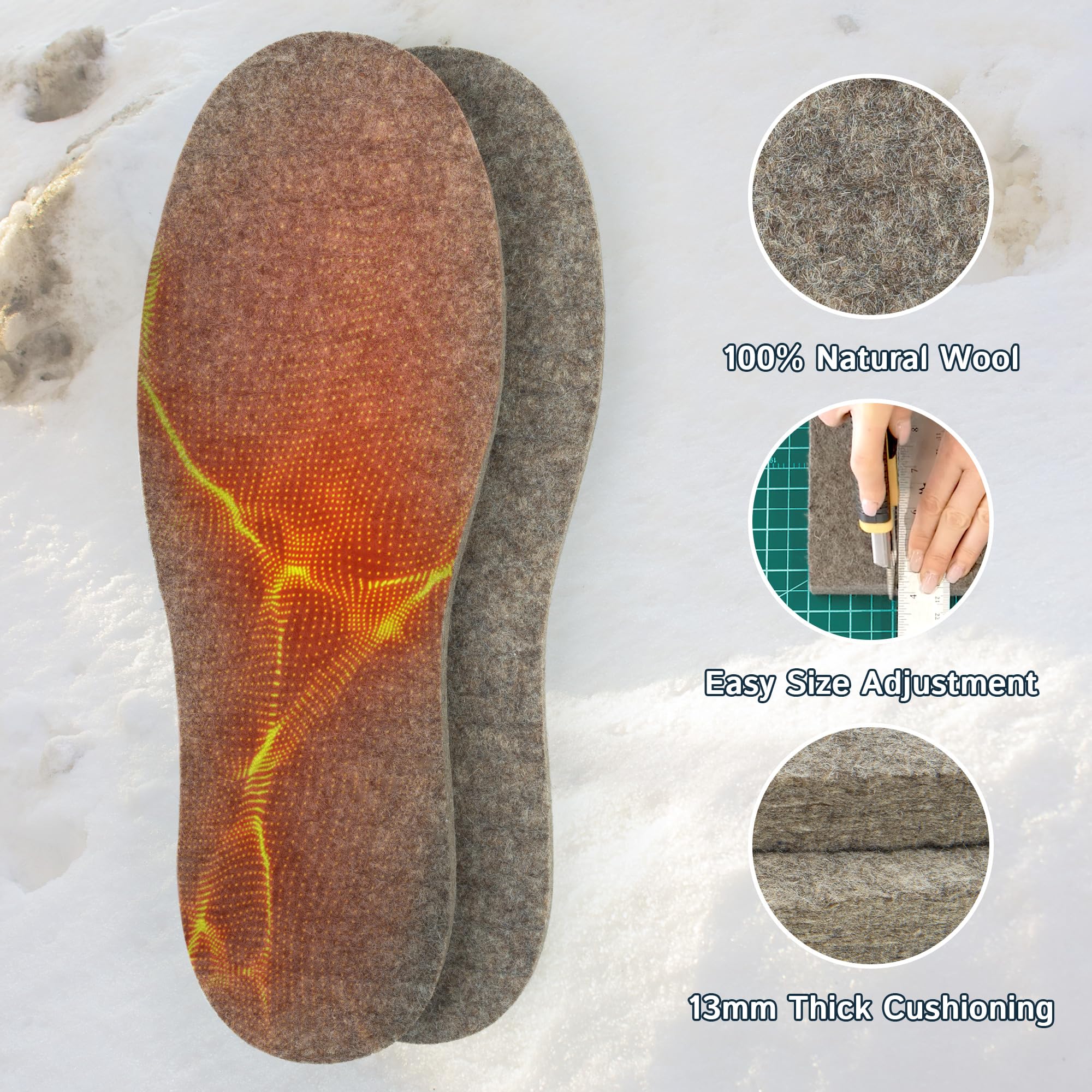 The Felt Store Wool Felt Insoles for Men and Women - 13mm Thick Long-Lasting Breathable Shoe Inserts with Cushioning - Wool Inso