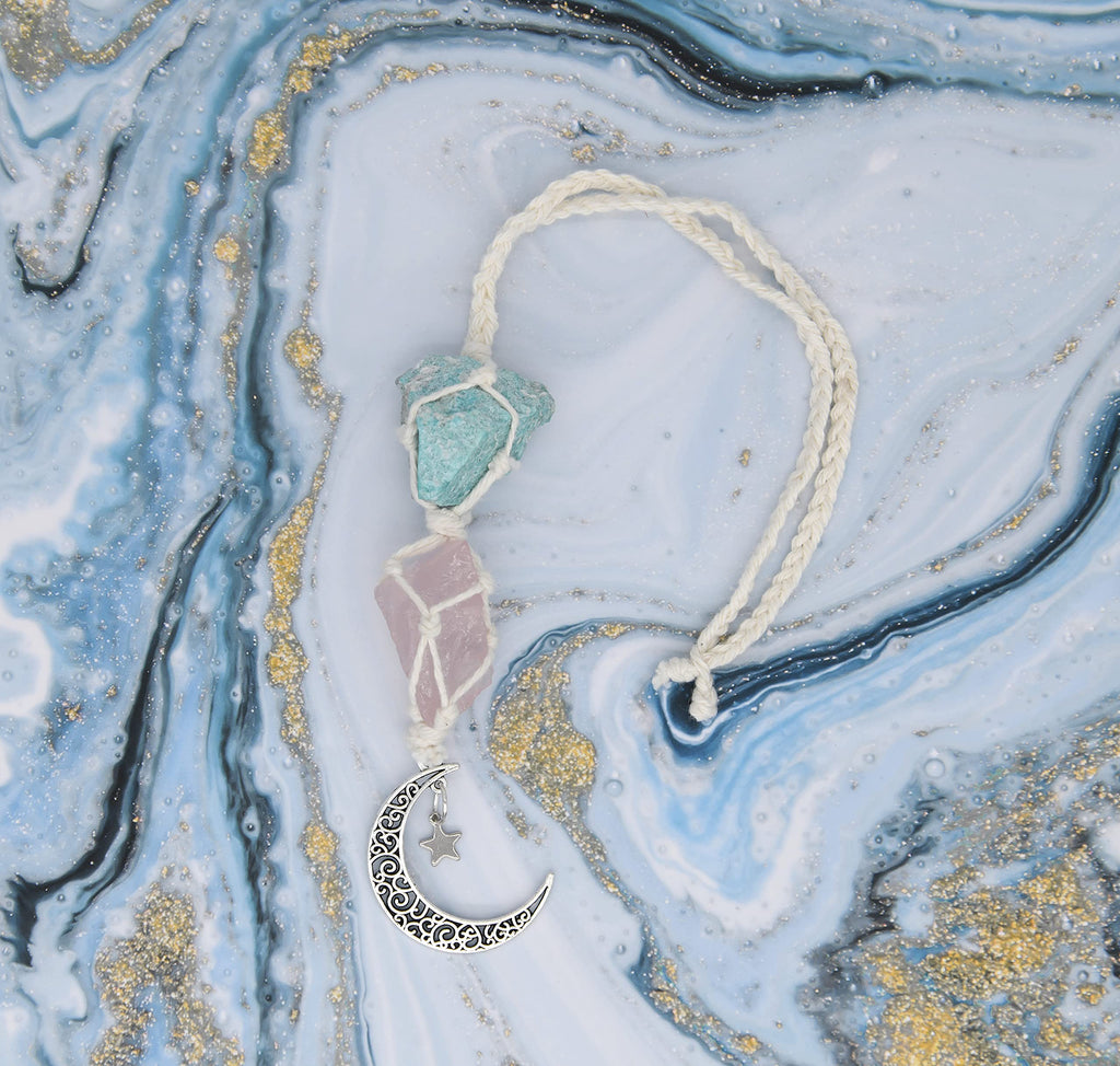 BOHO GARDEN Hanging Car Charm - Amazonite & Rose Quartz - Dangling Moon & Healing Crystal Accessories, Rearview Mirror Decoratio