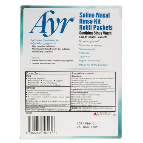 Ayr Saline Nasal Rinse Kit Refill Packets, 100-Count Packets (Pack of 2)