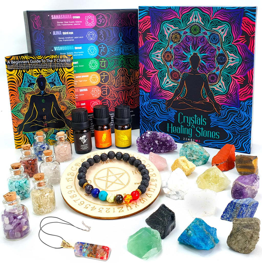 Crystals and Healing Stones Set 31Pcs - Healing Crystals & Stones - 14 Real Raw Chakra Rocks, 7 Gemstones Bottles, 3 Essential O