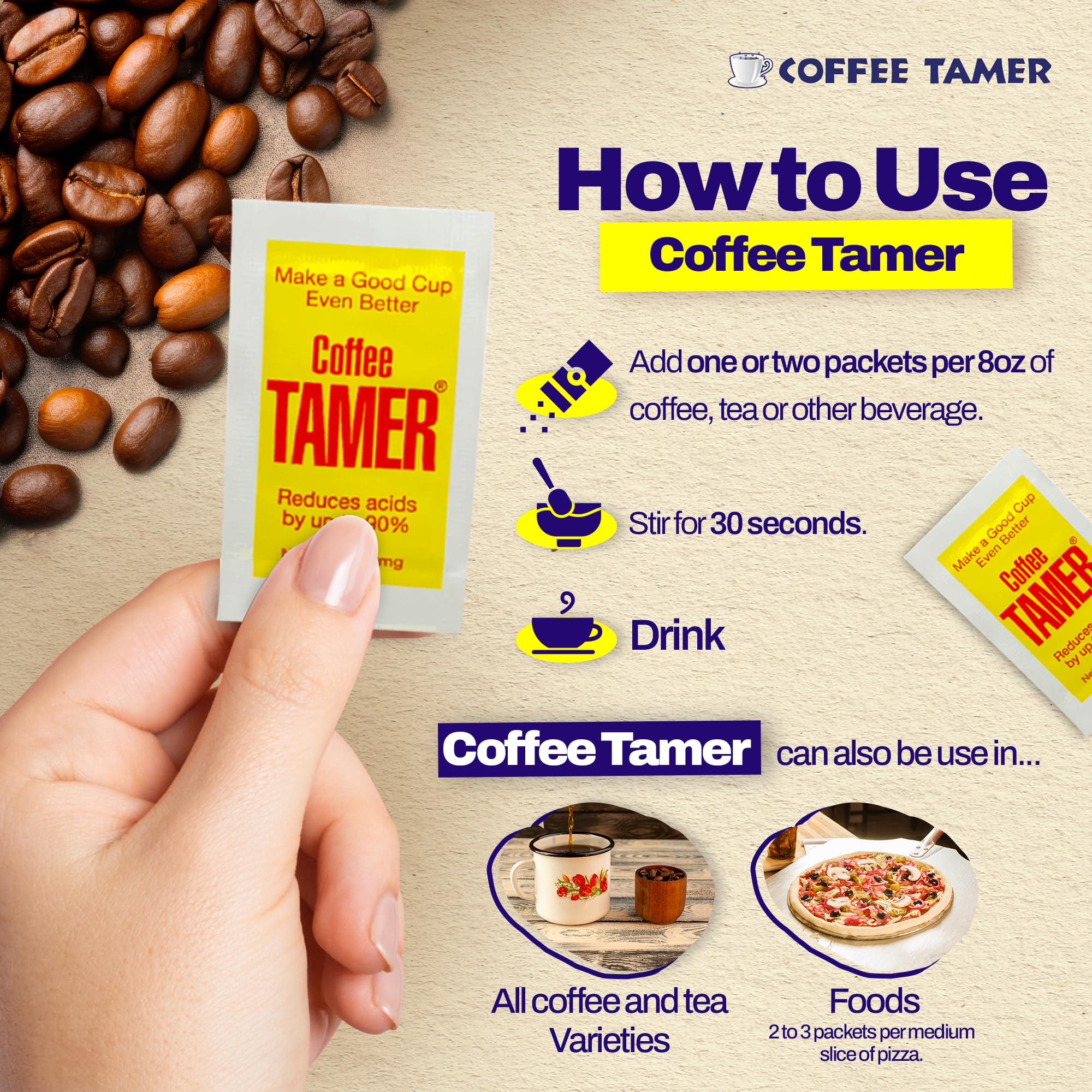 Coffee Tamer Coffee Acid Reducing Granules 50 Pack Box - Reduces Coffee Acids by up to 90% - All-Natural Minerals - Keto Friendy