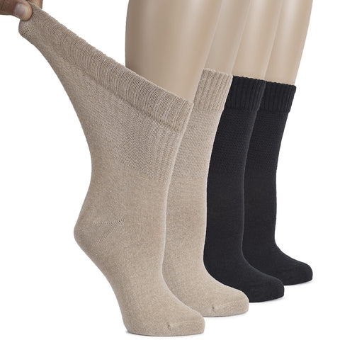 Hugh Ugoli Women's Cotton Diabetic Crew Socks, Wide, Thin, Loose Fit and Stretchy, Seamless Toe & Non-Binding Top, 4 Pairs, Ligh