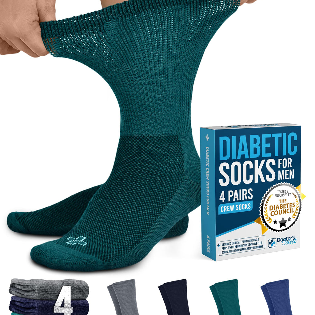 Doctor's Select Diabetic Socks for Men - 4 Pairs Crew Diabetic Neuropathy Socks for Men | Navy, Green, Blue, Gray | Non Binding 