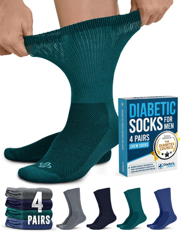 Doctor's Select Diabetic Socks for Men - 4 Pairs Crew Diabetic Neuropathy Socks for Men | Navy, Green, Blue, Gray | Non Binding 