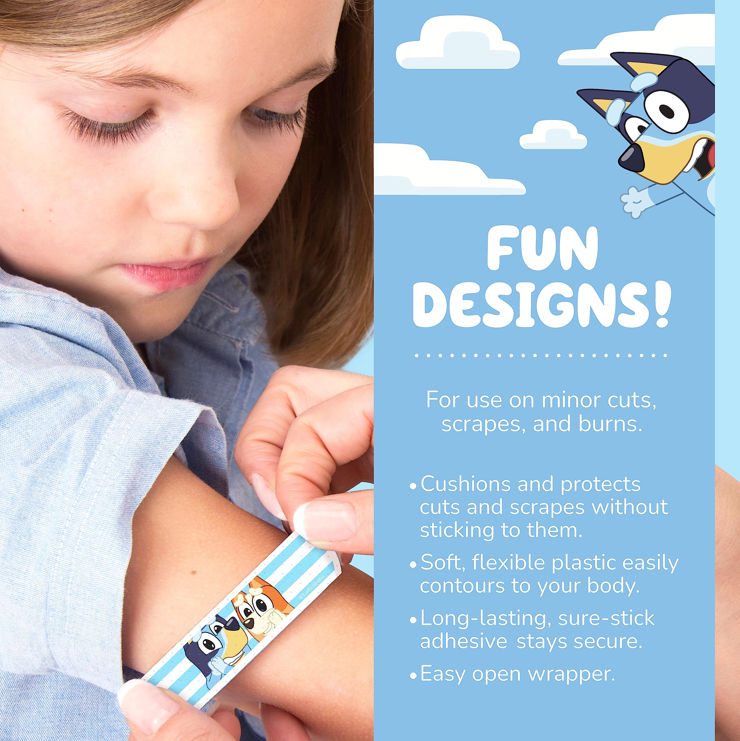 Bluey Kids Bandages, 3 Assorted Sizes 100 CT | Wear Like Stickers, Flexible Adhesive Bandages for Minor Cuts, Scrapes, and Burns