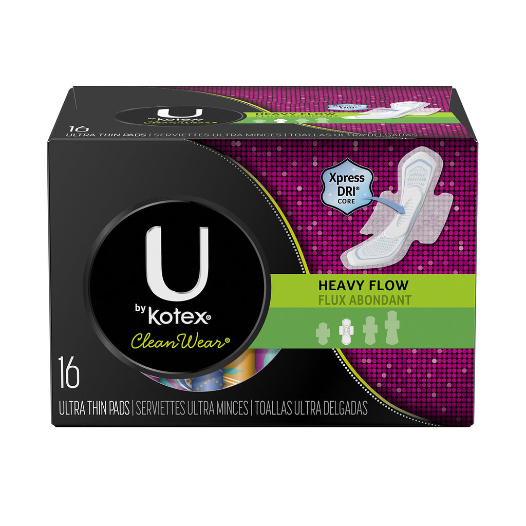 U by Kotex CleanWear Ultra Thin Pads with Wings, Heavy Flow, Fragrance-Free, 6 Packs of 16 (96 Pads Total)