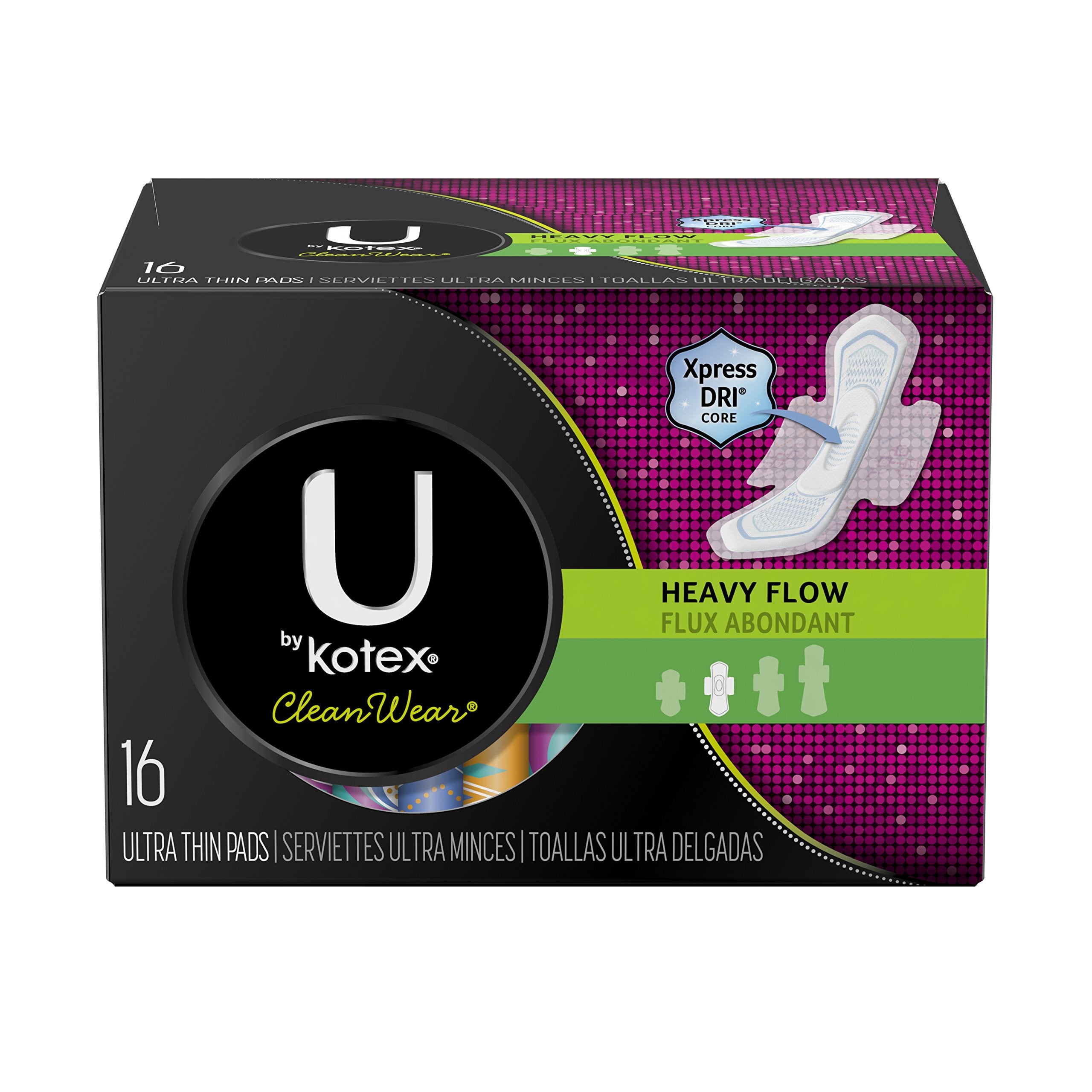 U by Kotex CleanWear Ultra Thin Pads with Wings, Heavy Flow, Fragrance-Free, 6 Packs of 16 (96 Pads Total)