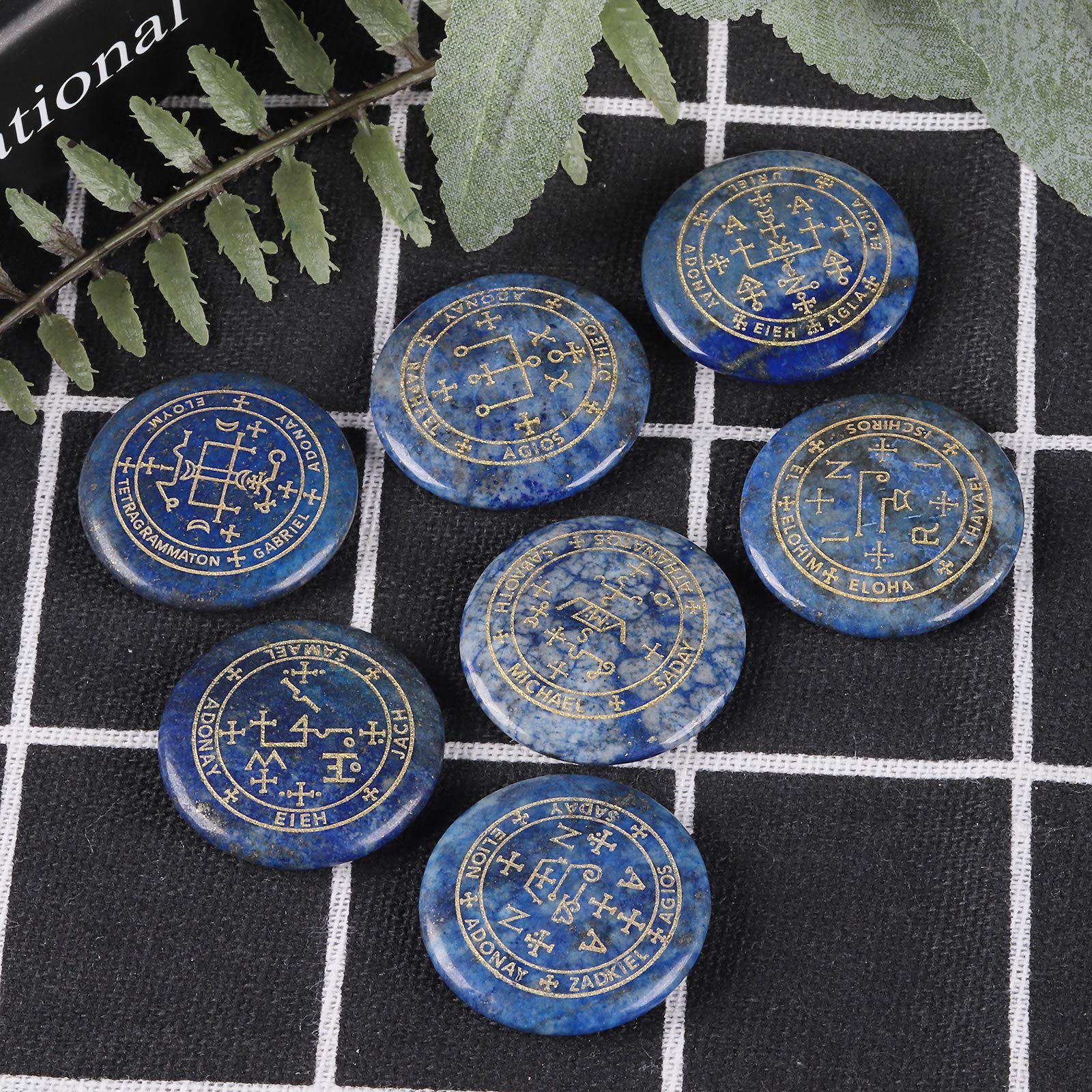 mookaitedecor 7 Piece Lapis Lazuli Stones with Engraved Magic Archangel Symbol Polished Palm Stone for Reiki Crystal Healing