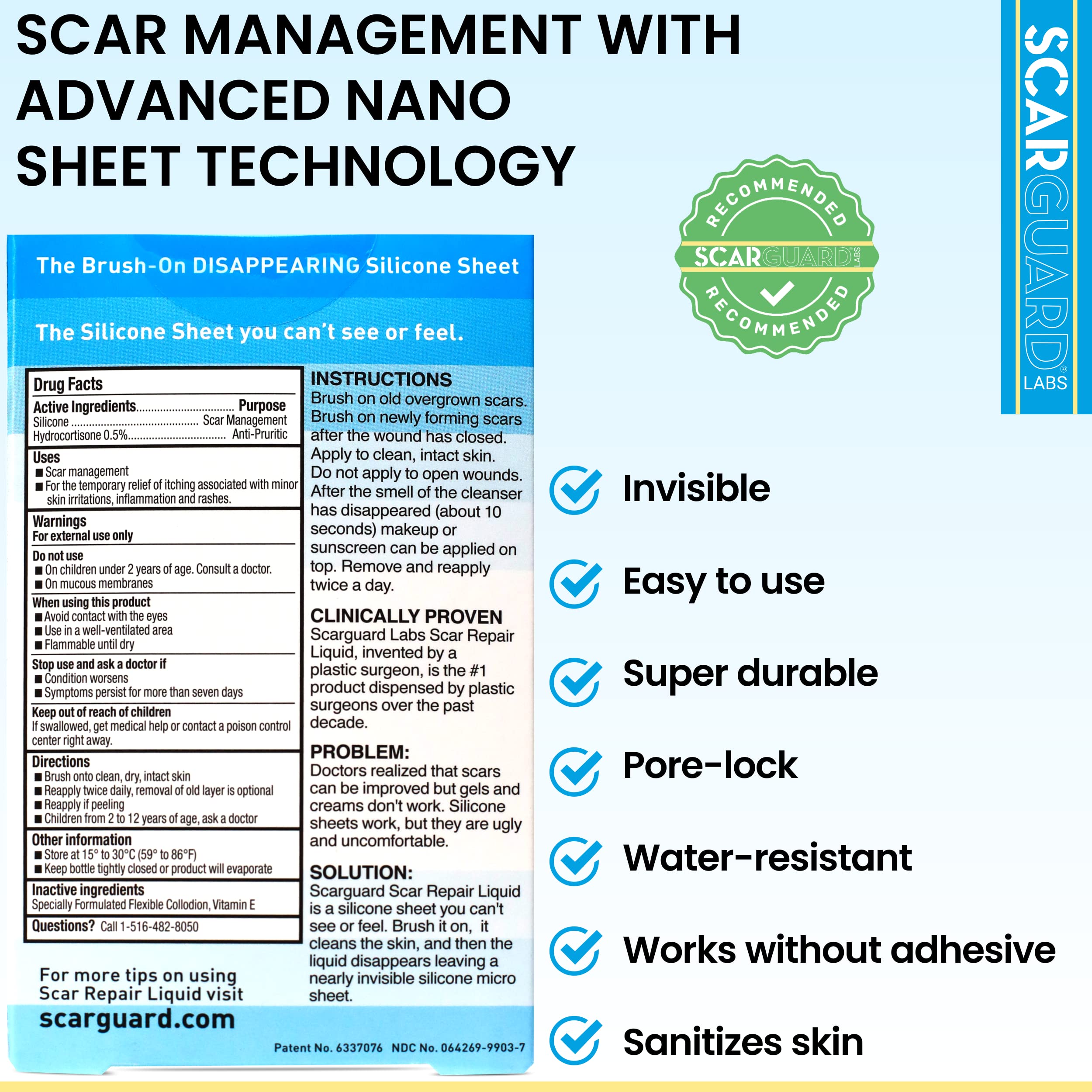 Scarguard - Invisible Brush-On Silicone Sheet with Vitamin E - Scar Removal for Keloids, Burn Scars, Surgery Scars, Stitches, Cu