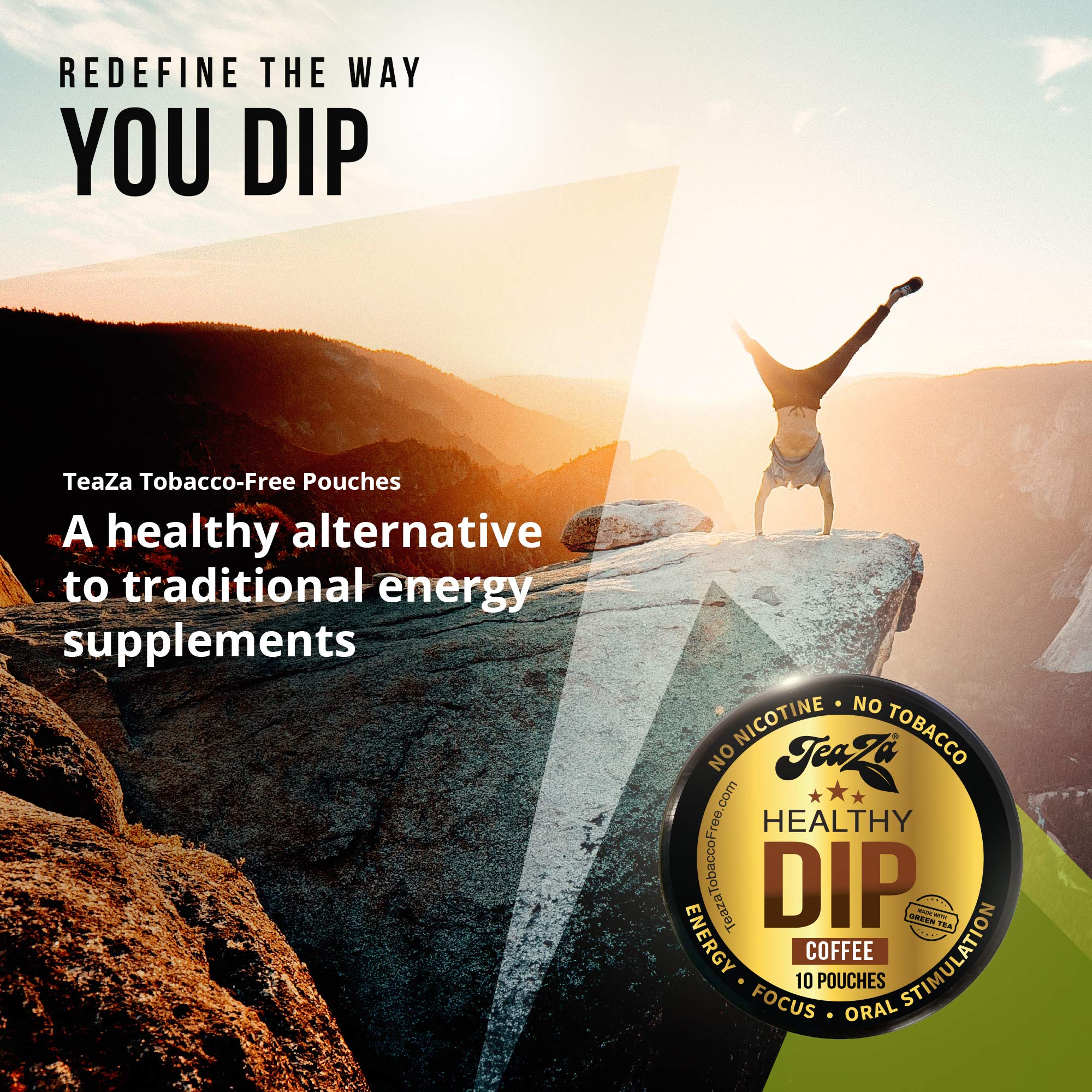 TeaZA Herbal Dip Coffee Pouches -Nicotine Free, Tobacco Free - Made with Green Tea Caffeine Energy Pouches (8 Pack)