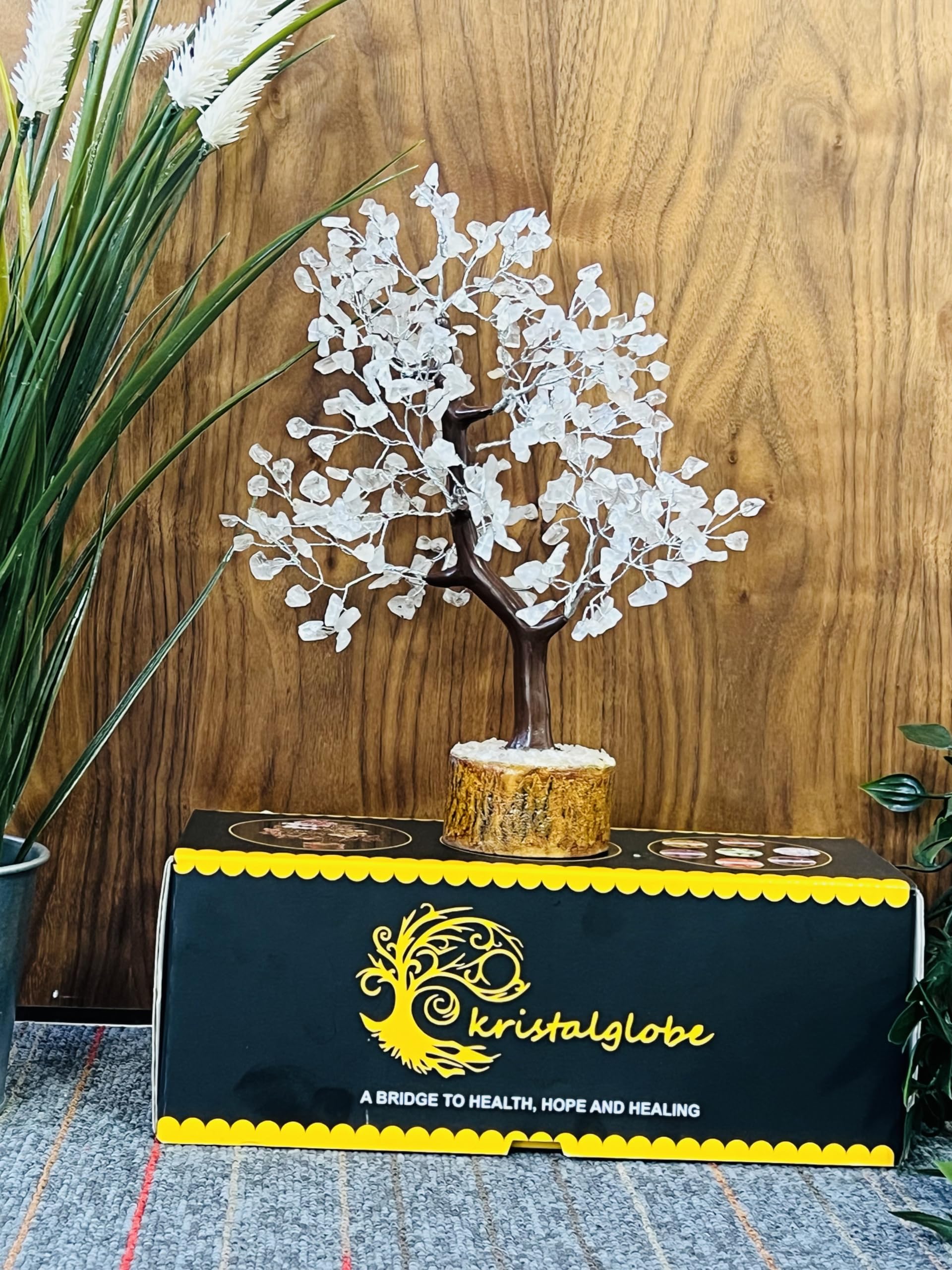 KRISTALGLOBE Clear Quartz Crystal Tree of Life with 300 Beads - Handmade Gemstone Bonsai Tree for Clarity & Energy Amplification