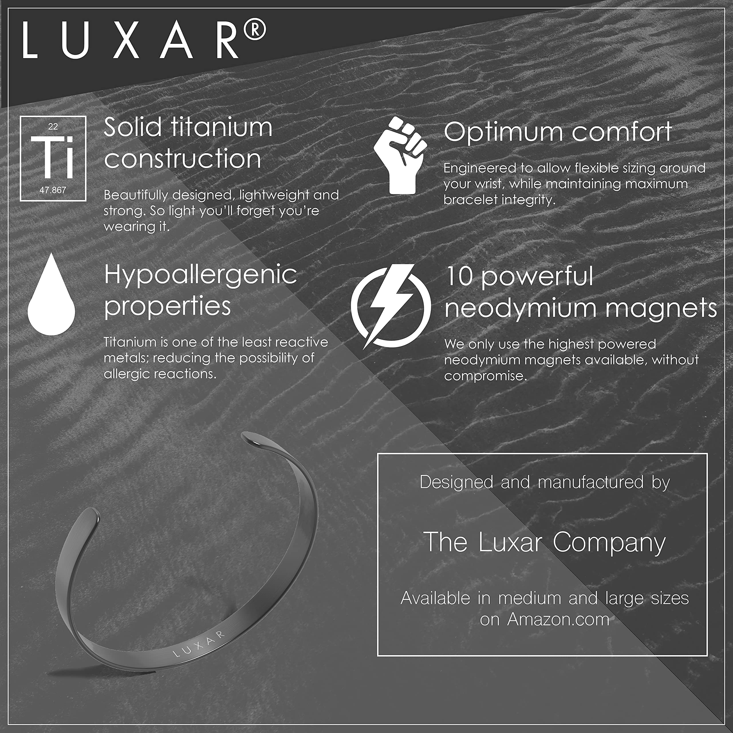 LUXAR Men's/Women's Magnetic Therapy Bracelet | Sophisticated Solid Titanium Bangle with Rare-Earth Neodymium Magnets (Titanium