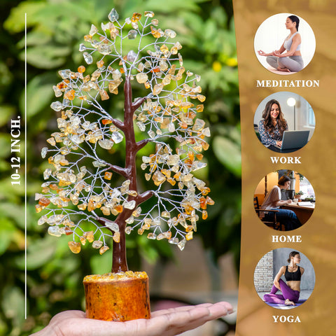 Citrine Stones and Crystal - Healing Chakra Bonsai Tree for Table Decoration Good Luck Charm Gem Stone Tree Chakra Balancing Yel