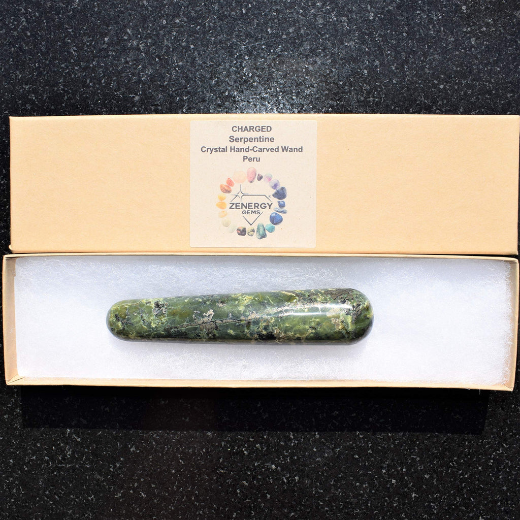Charged 4 Serpentine Crystal Massage Wand + Selenite Charging Heart Included (Stimulate Kundalini Energies/Remove Chakra BLOCKAG