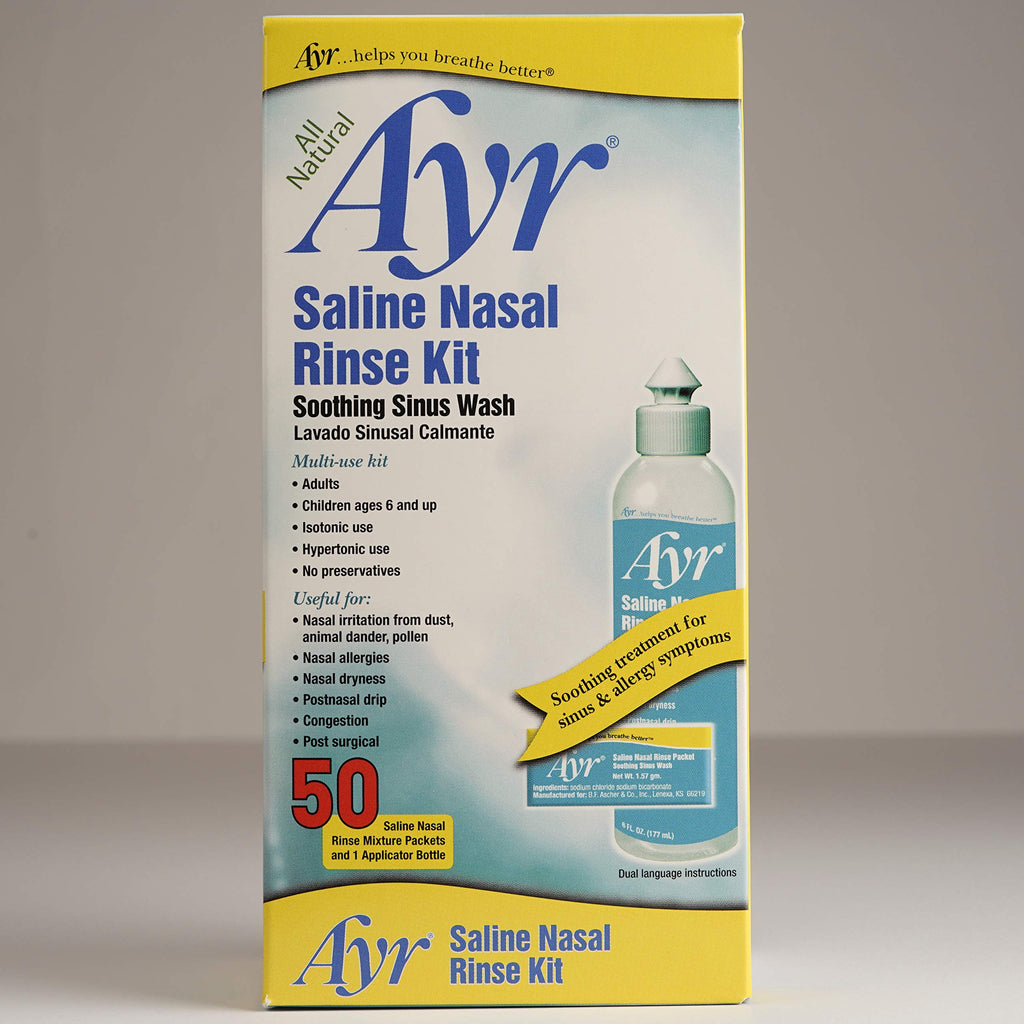 Ayr Saline Nasal Rinse Kit Soothing Sinus Wash, 50-Count Saline Nasal Rinse Mixture Packets Plus Applicator Bottle (Pack of 2)
