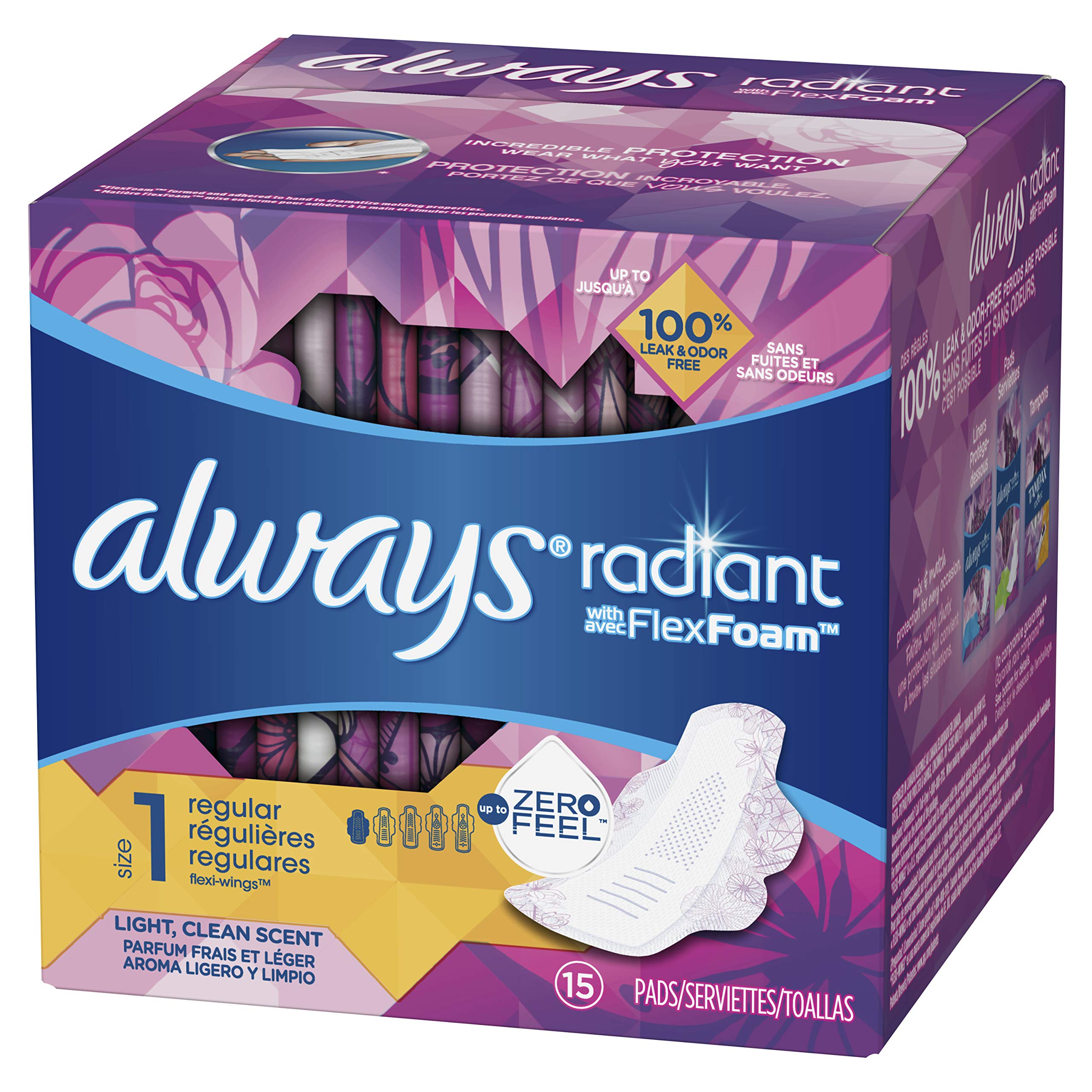 Always Radiant Pads With Wings Regular Absorbency Scented,15 ct