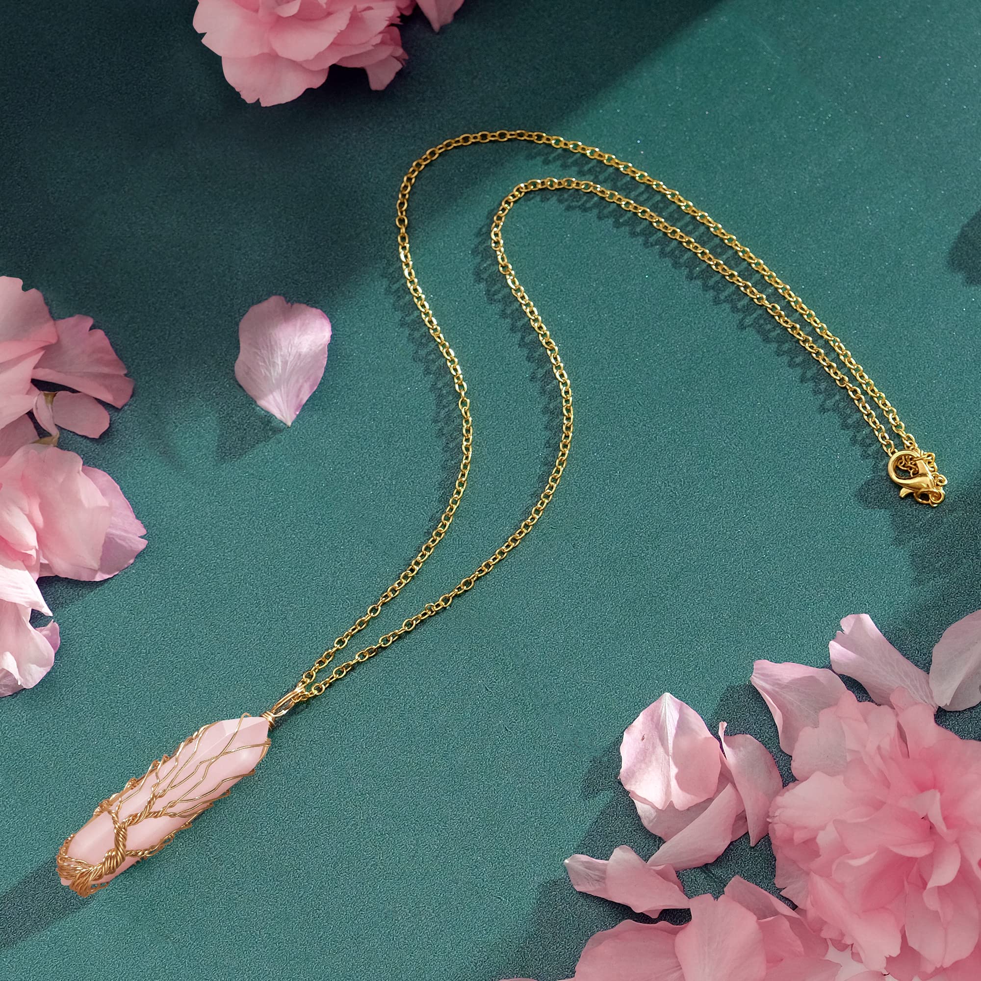 VIBILIA Healing Crystal Necklace Tree of Life Wire Wrapped Natural Rose Quartz Stone Point Pendant Necklace Hexagonal Reiki Spir