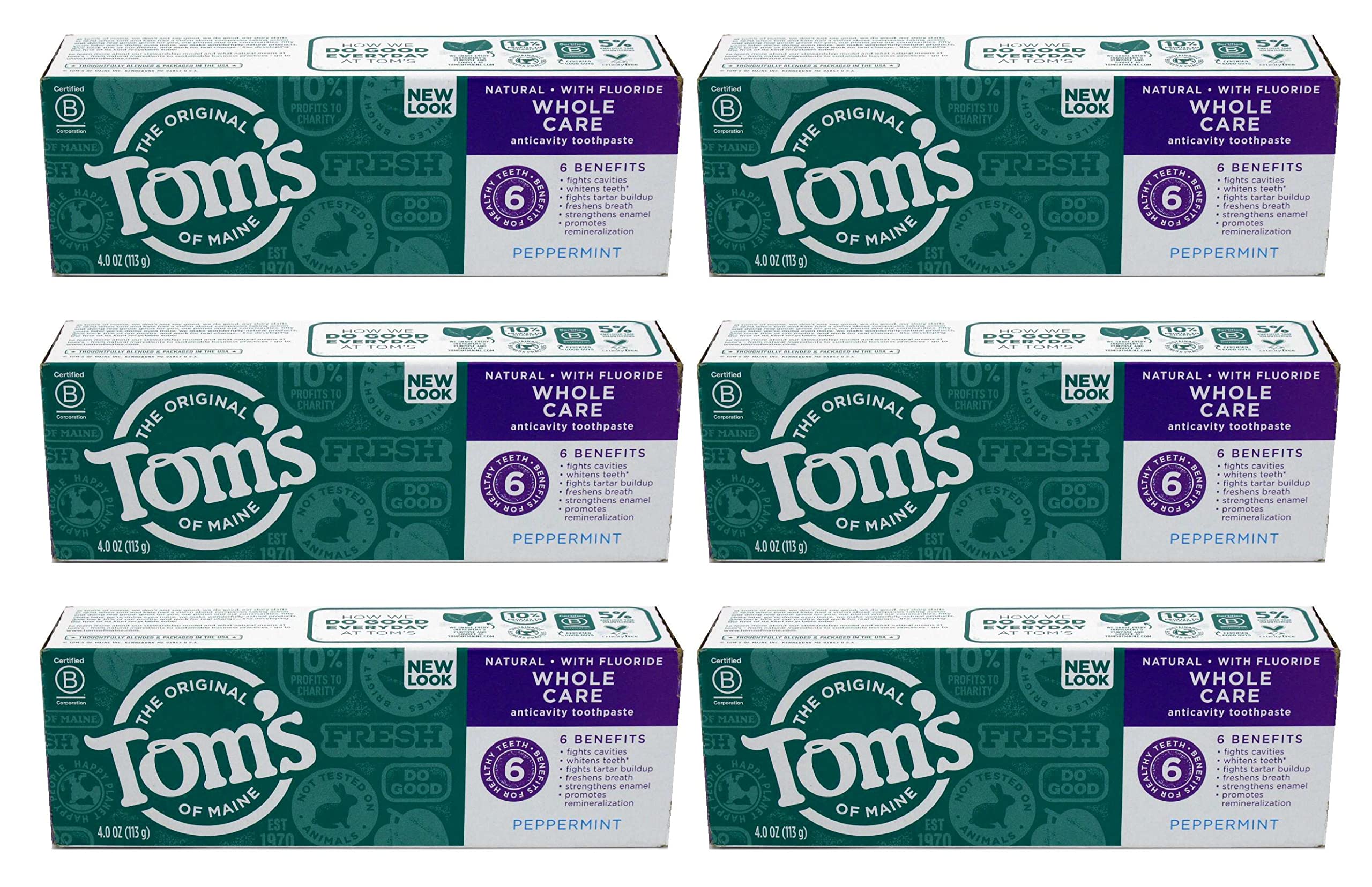 Tom s of Maine, Whole Care Fluoride Gel , Peppermint, 4 Ounce (Pack of 6)