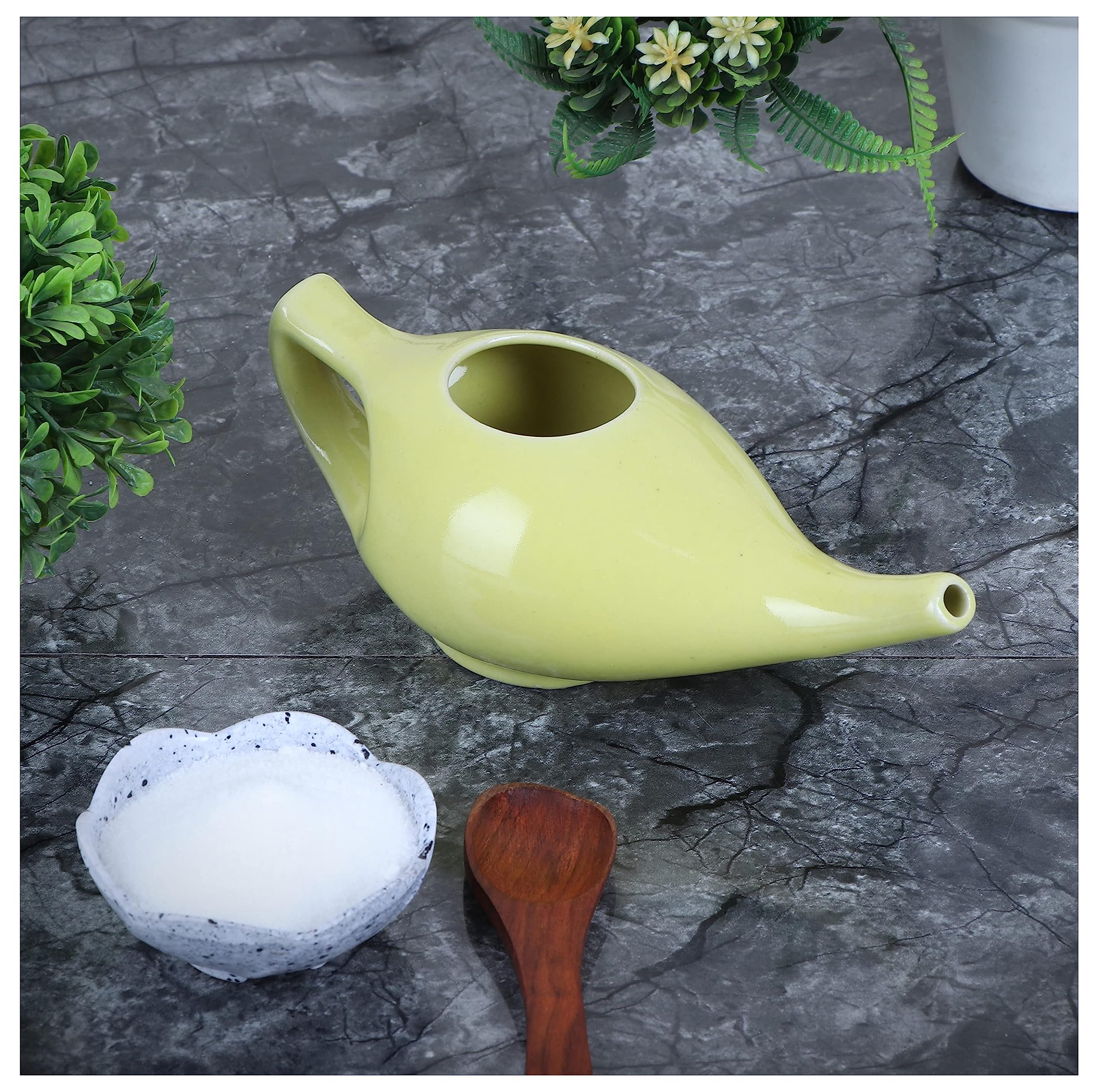 Qimacplus Leak Proof Durable Porcelain Ceramic Neti Pot with 10 Sachet Neti Salt Hold 300 Ml Water Comfortable Grip | Eco Friend