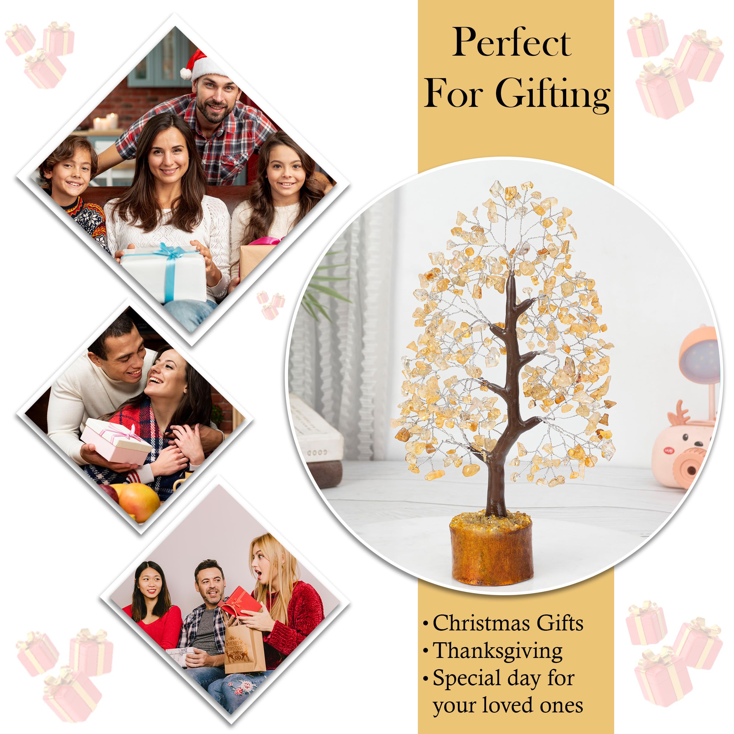 Citrine Stones and Crystal - Healing Chakra Bonsai Tree for Table Decoration Good Luck Charm Gem Stone Tree Chakra Balancing Yel