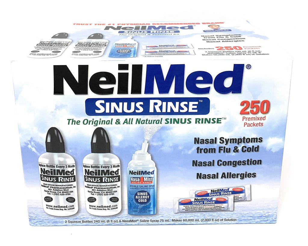 NeilMed Sinus Rinse - 2 squeeze Bottles 240mL (8fl oz) & Nasamist Saline Spray 75mL - 250 Premixed Packets - BONUS Nasa Mist Sal