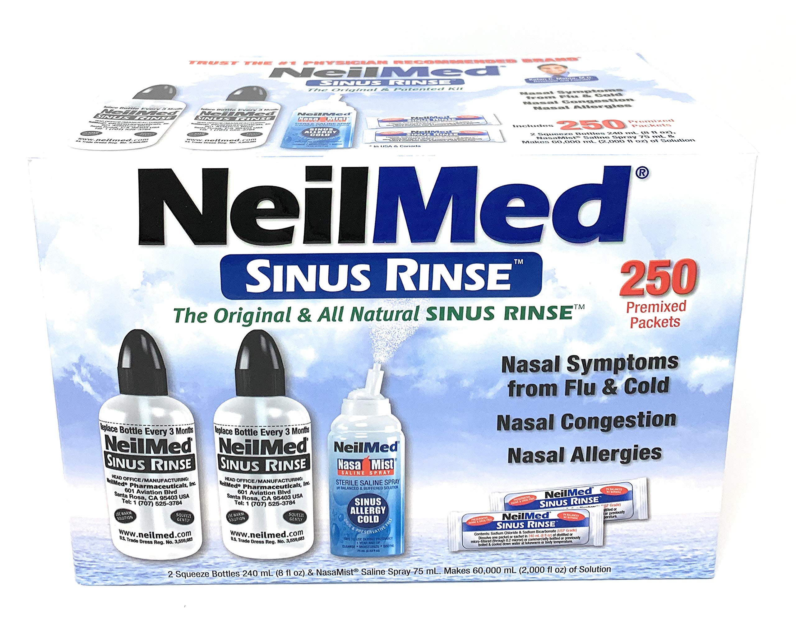 NeilMed Sinus Rinse - 2 squeeze Bottles 240mL (8fl oz) & Nasamist Saline Spray 75mL - 250 Premixed Packets - BONUS Nasa Mist Sal