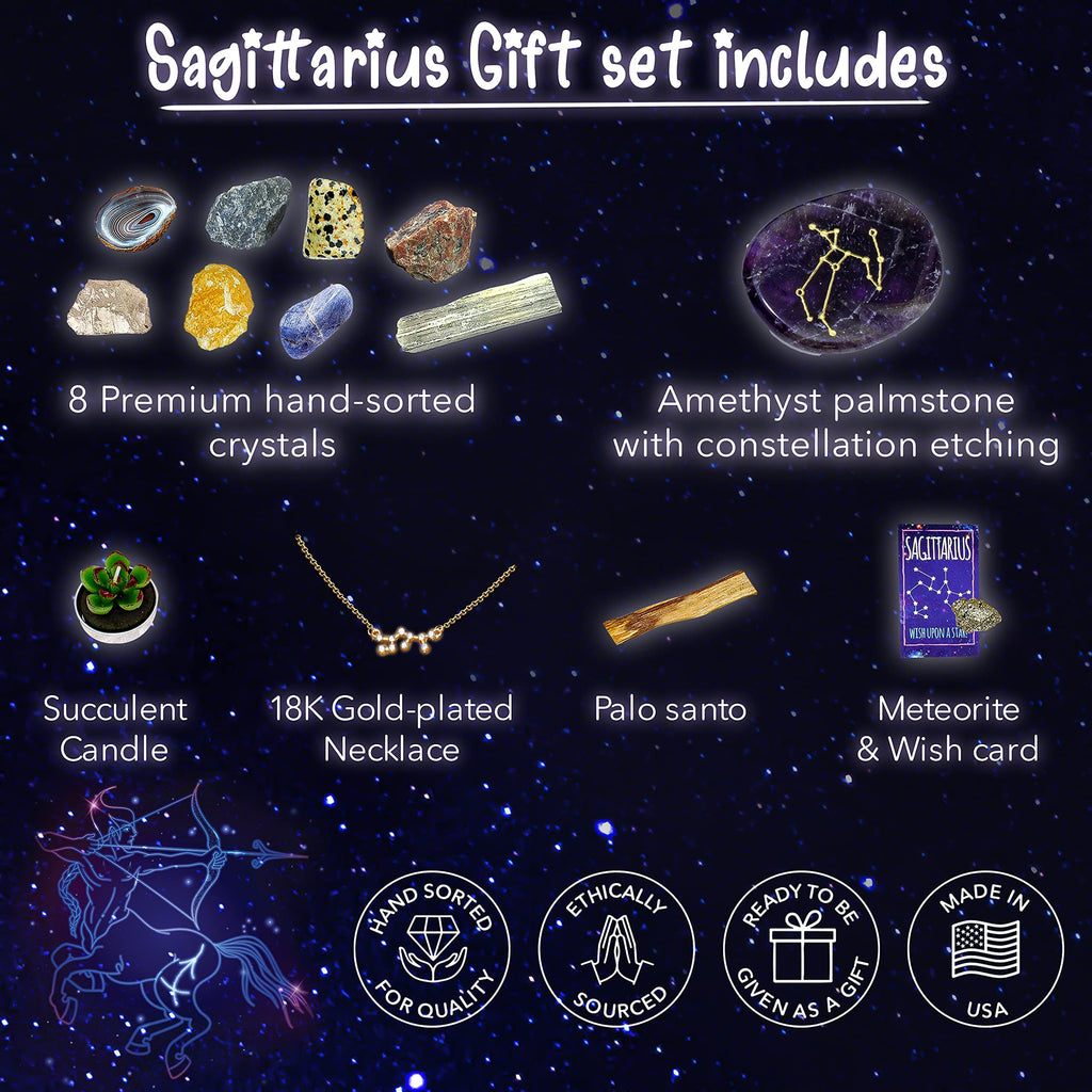 DANCING BEAR Sagittarius Zodiac Healing Crystals Gift Set (14 Pc): 9 Stones, 18K Gold-Plated Constellation Necklace, Meteorite,