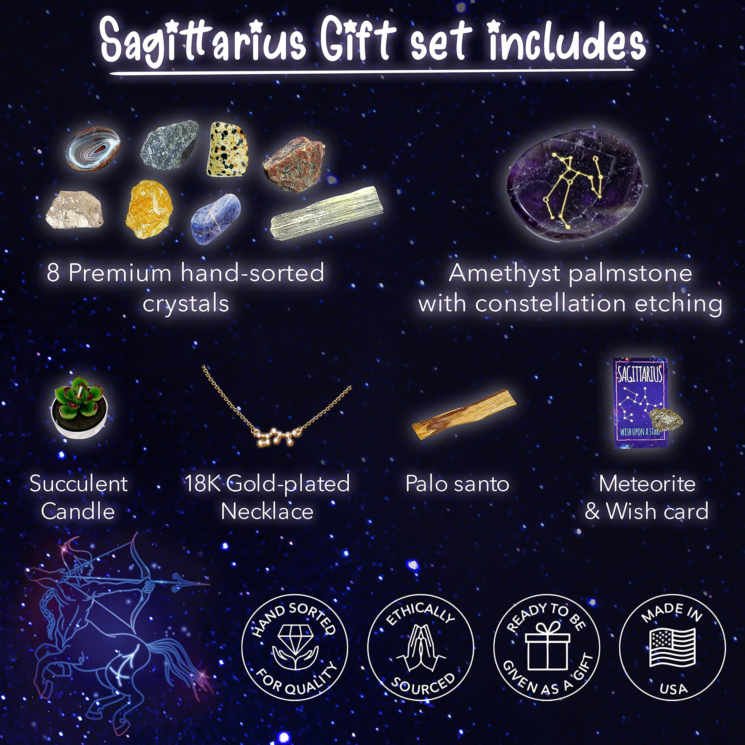 DANCING BEAR Sagittarius Zodiac Healing Crystals Gift Set (14 Pc): 9 Stones, 18K Gold-Plated Constellation Necklace, Meteorite,