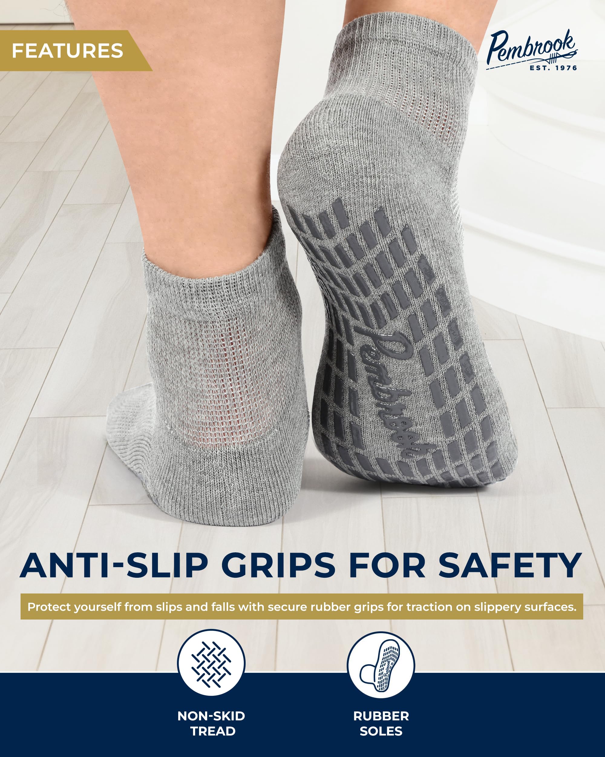 Pembrook Diabetic Ankle Socks for Men & Women with Grips | 6 Pairs Quarter Length Wide Non Binding Diabetic Socks for Men Non Sl