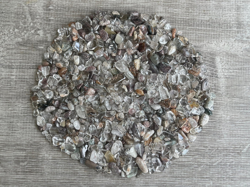 GAF TREASURES 2 oz Lot Natural Semi Tumbled Gemstone Chips, Crushed Mini Crystals, Undrilled Crystal Chips (Rutilated Quartz Mix