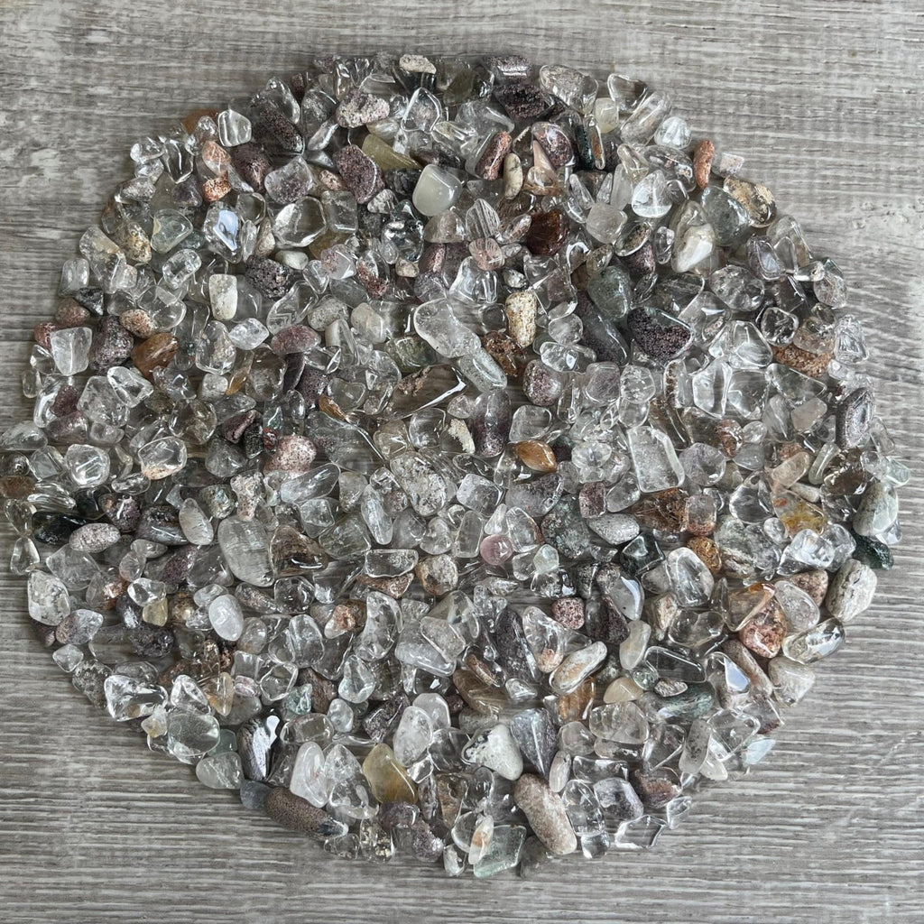 GAF TREASURES 2 oz Lot Natural Semi Tumbled Gemstone Chips, Crushed Mini Crystals, Undrilled Crystal Chips (Rutilated Quartz Mix
