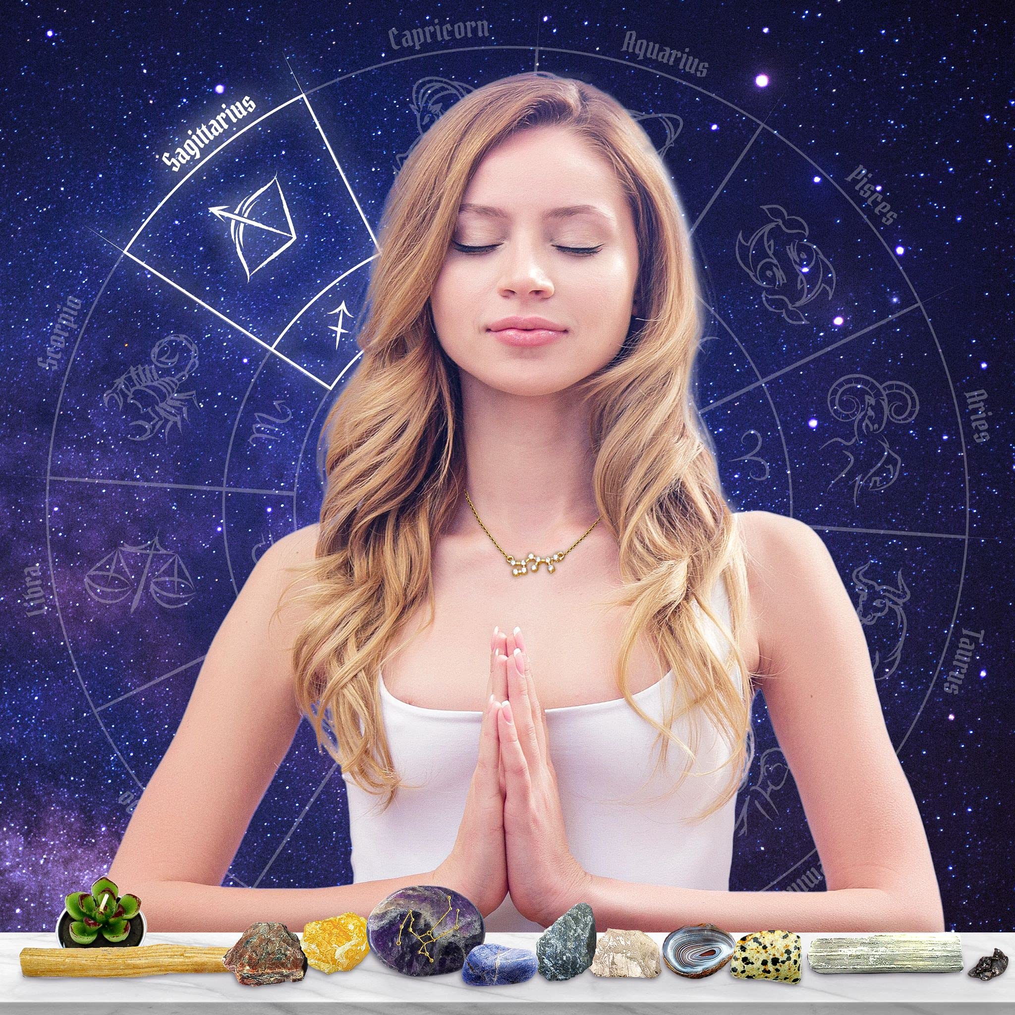 DANCING BEAR Sagittarius Zodiac Healing Crystals Gift Set (14 Pc): 9 Stones, 18K Gold-Plated Constellation Necklace, Meteorite,
