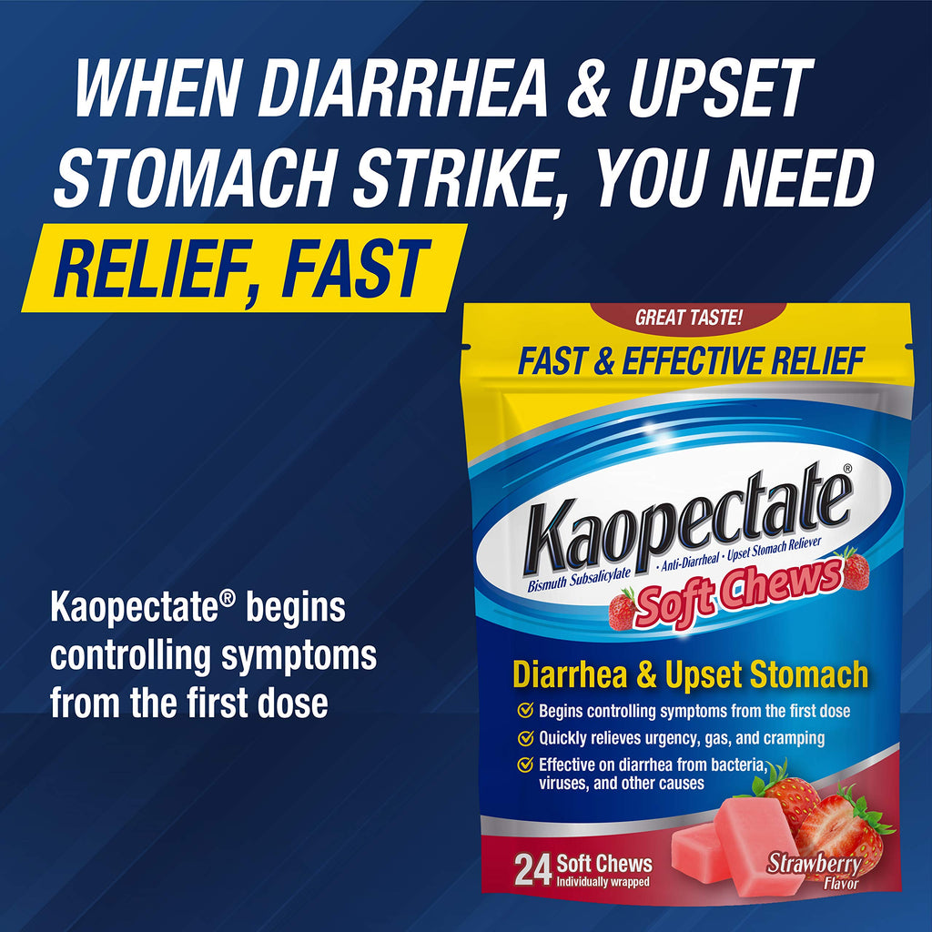 Kaopectate Strawberry Soft Chews 24 Count - Diarrhea Medication for Adults with Bismuth Subsalicylate, Anti-Diarrhea Medicine fo
