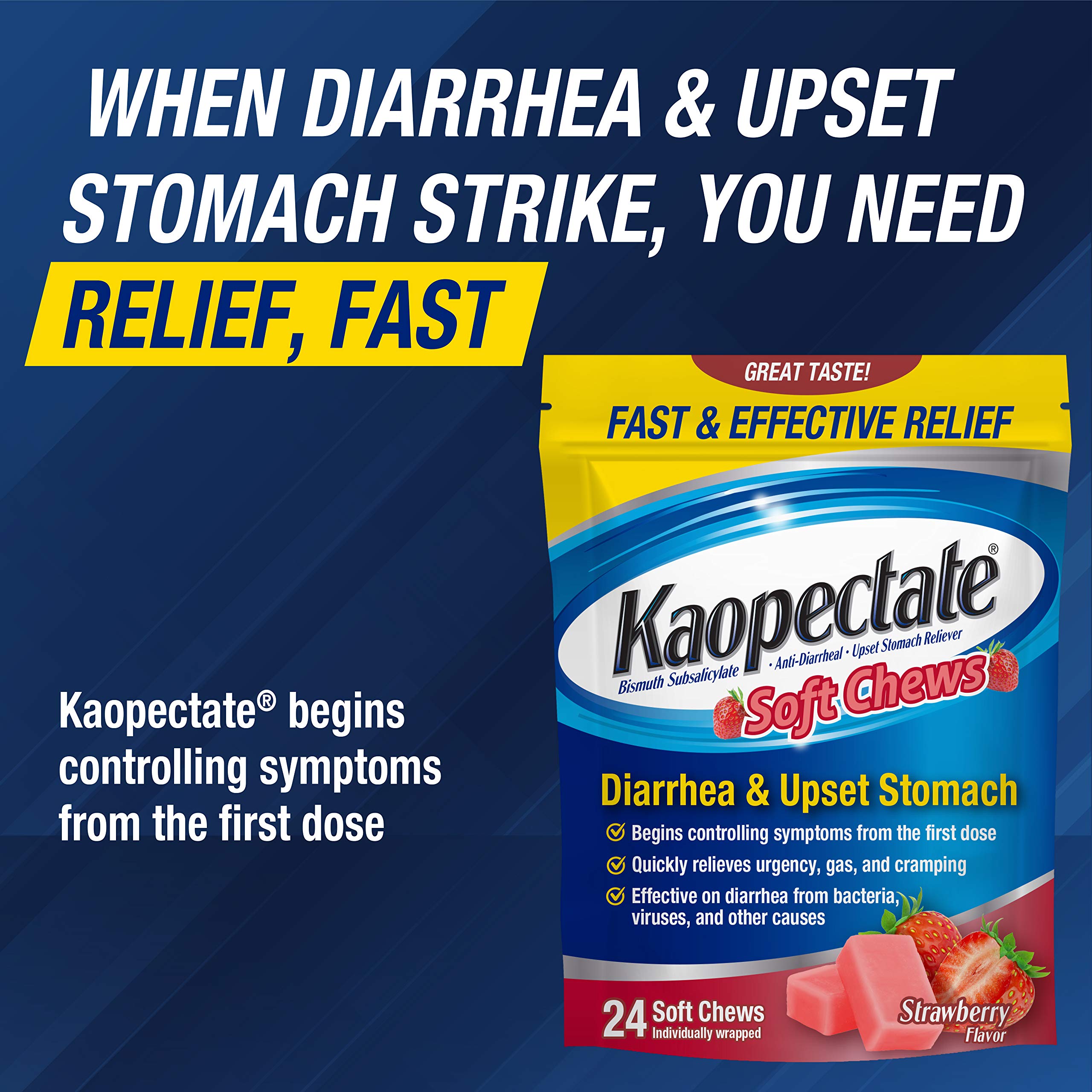Kaopectate Strawberry Soft Chews 24 Count - Diarrhea Medication for Adults with Bismuth Subsalicylate, Anti-Diarrhea Medicine fo