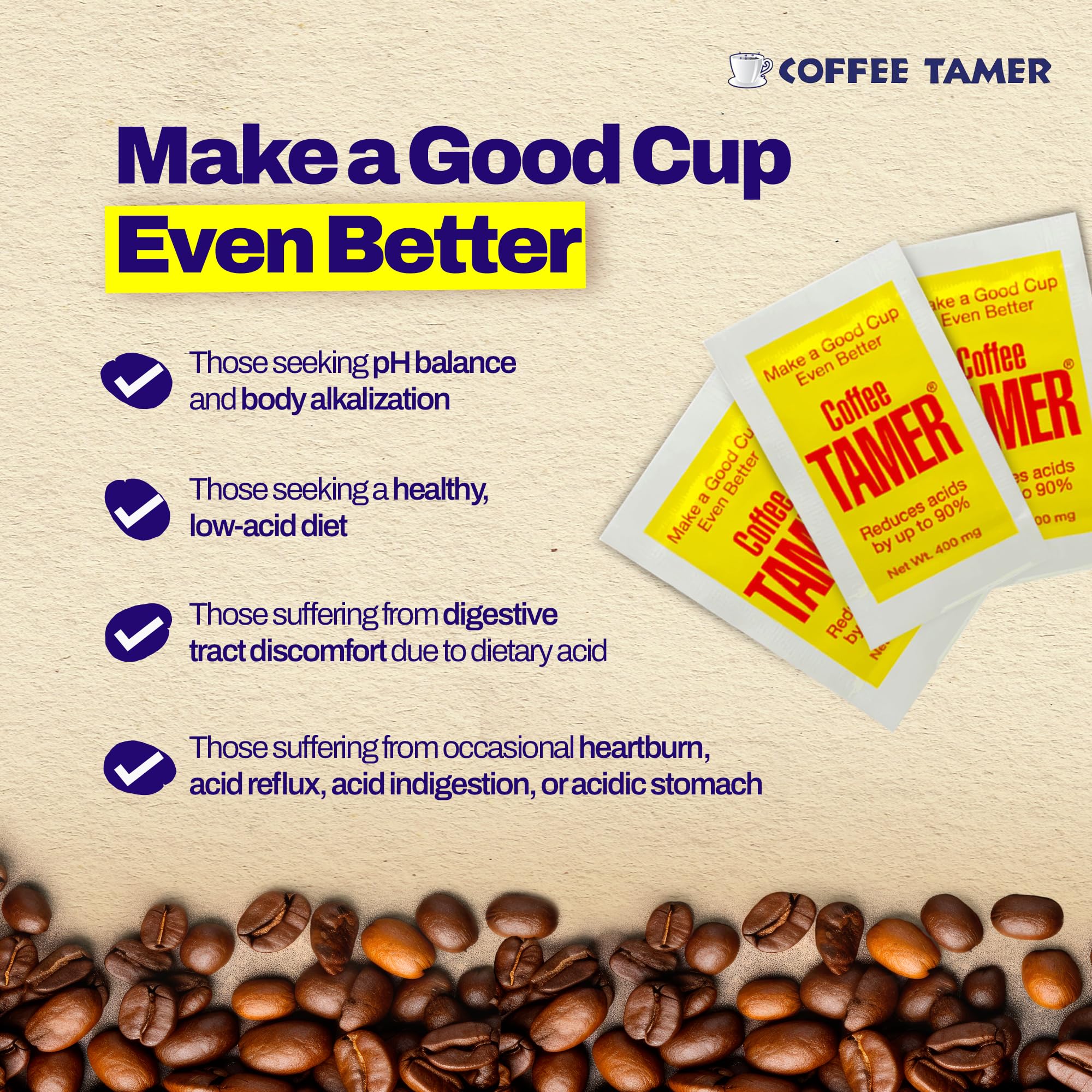 Coffee Tamer Coffee Acid Reducing Granules 50 Pack Box - Reduces Coffee Acids by up to 90% - All-Natural Minerals - Keto Friendy