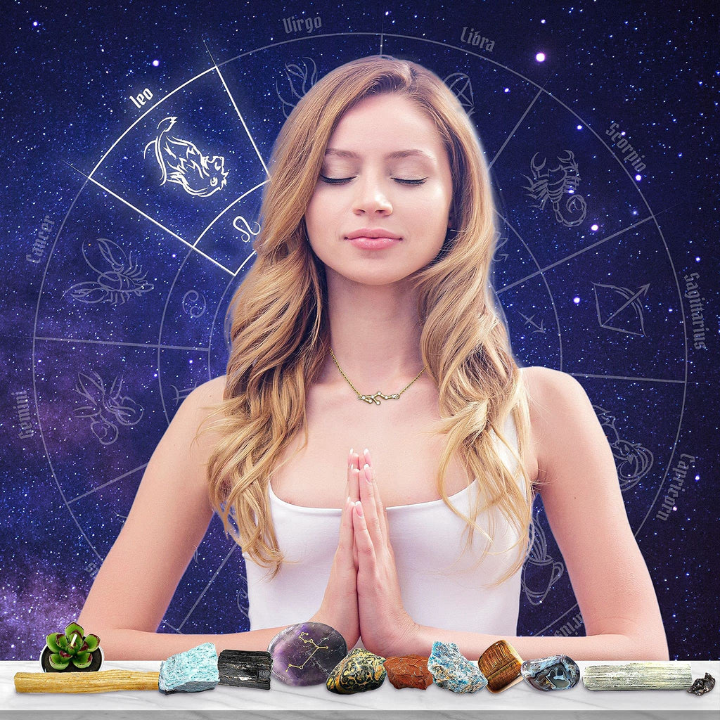 DANCING BEAR Leo Zodiac Healing Crystals Gift Set (14 Pc): 9 Stones, 18K Gold-Plated Constellation Necklace, Meteorite, Succulen