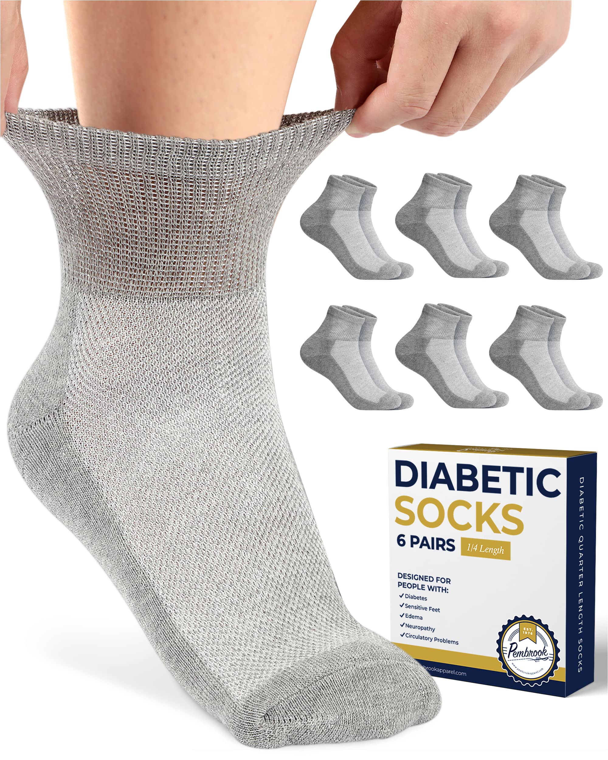 Pembrook Gray Ankle Diabetic Socks for Men & Women | 6 Pairs | Wide Stretch Top Mens Diabetic Socks | Diabetic Socks for Men 9-1
