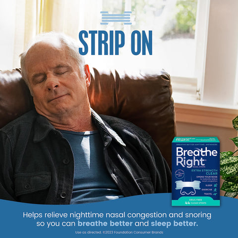 Breathe Right Nasal Strips Extra Strength Clear For Sensitive Skin Drug-Free Snoring Solution & Nasal Congestion Relief Caused b