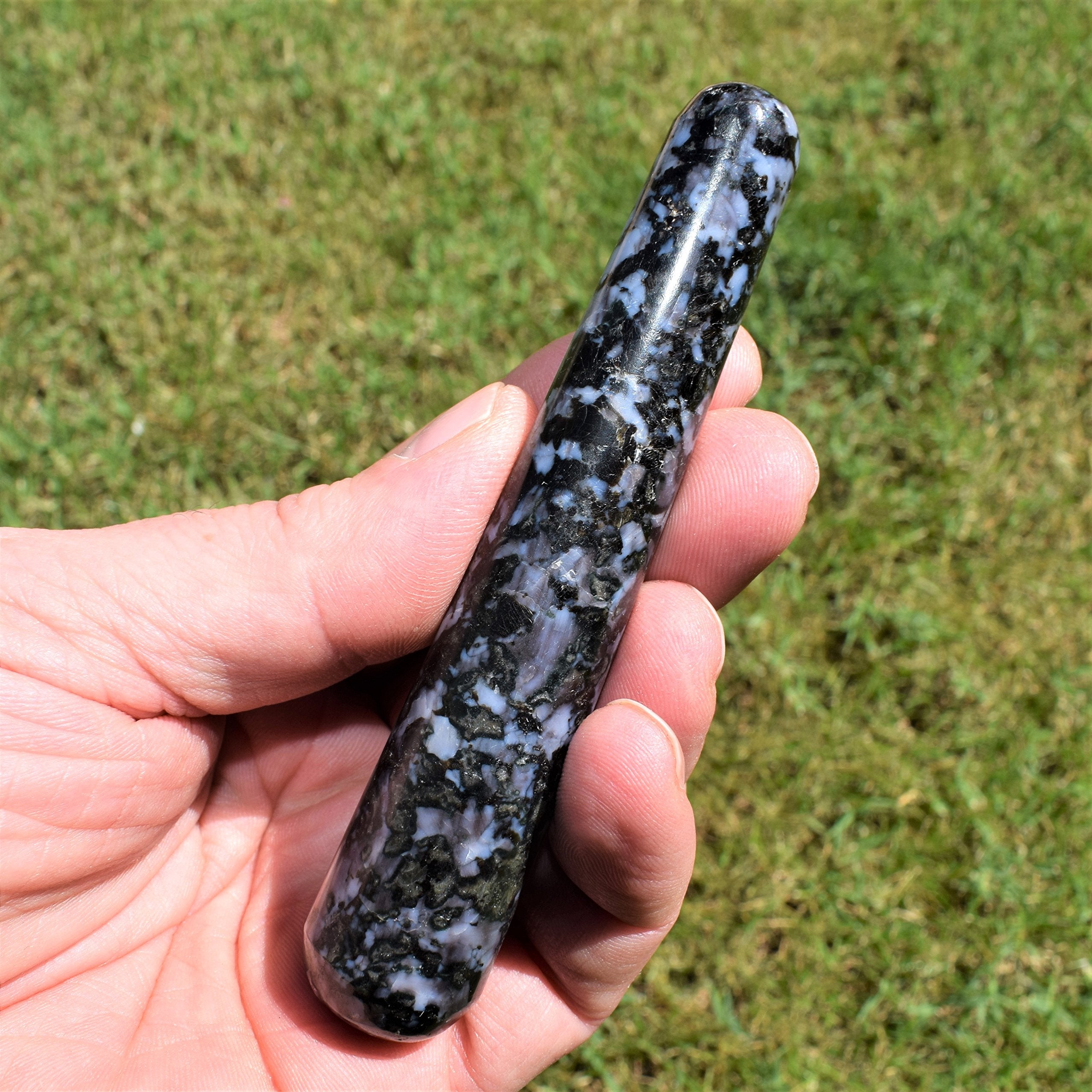 Charged 4 Mystic Indigo Gabbro Crystal Massage Wand + Selenite Charging Heart Included (Stone of Enlightenment Healing Energy)