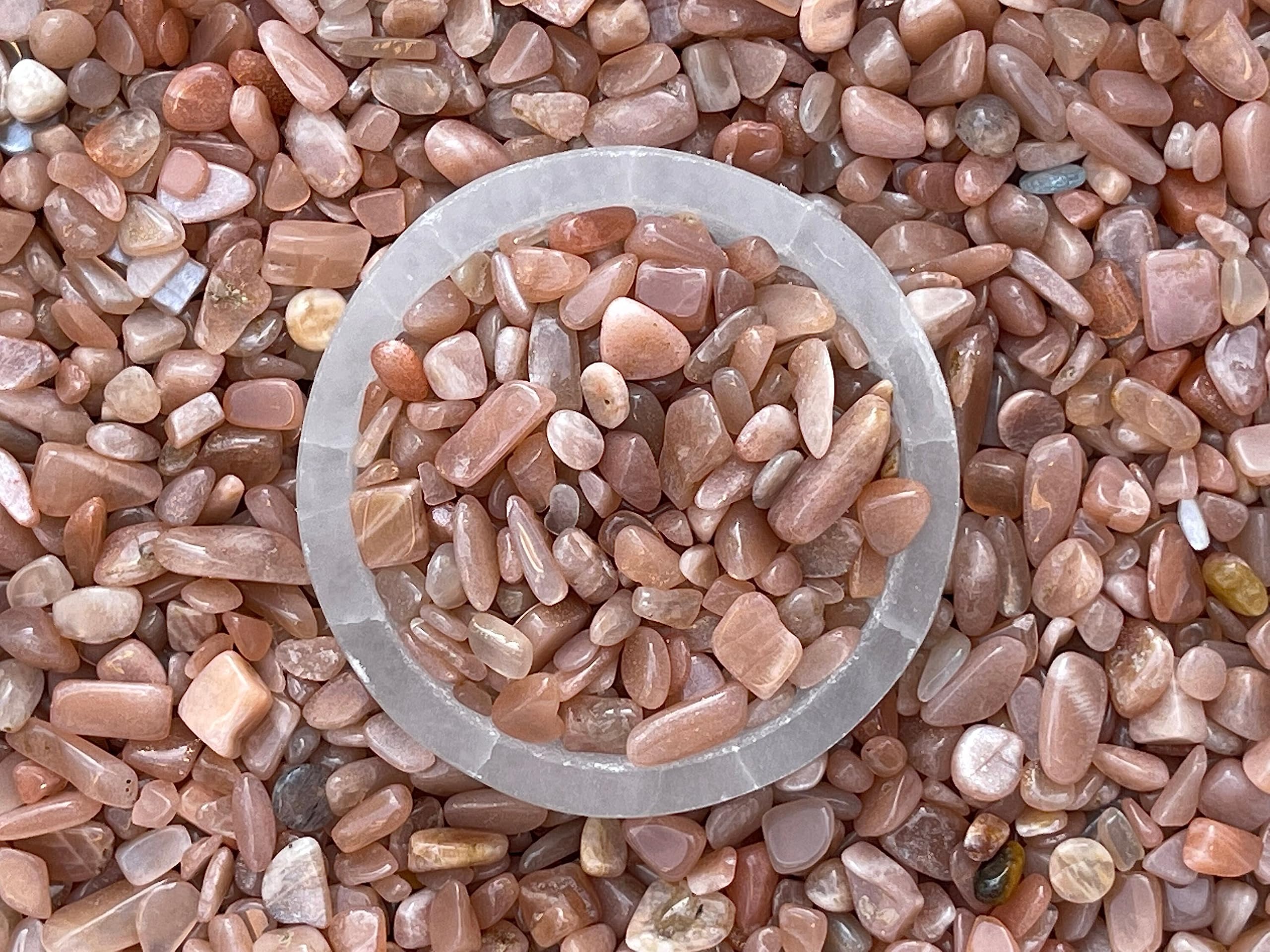 GAF TREASURES 2 oz Lot Natural Semi Tumbled Gemstone Chips, Crushed Mini Crystals, Undrilled Crystal Chips (Peach Moonstone)