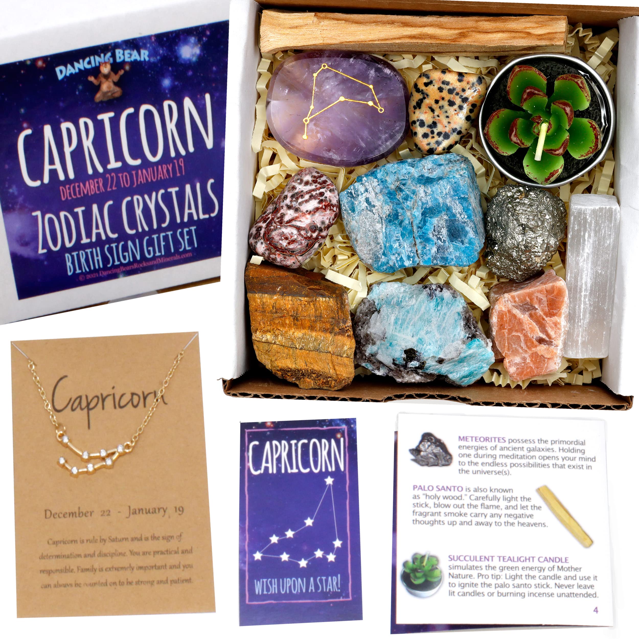 DANCING BEAR Capricorn Zodiac Healing Crystals Gift Set (14 Pc): 9 Stones, 18K Gold-plated Constellation Necklace, Meteorite, Su
