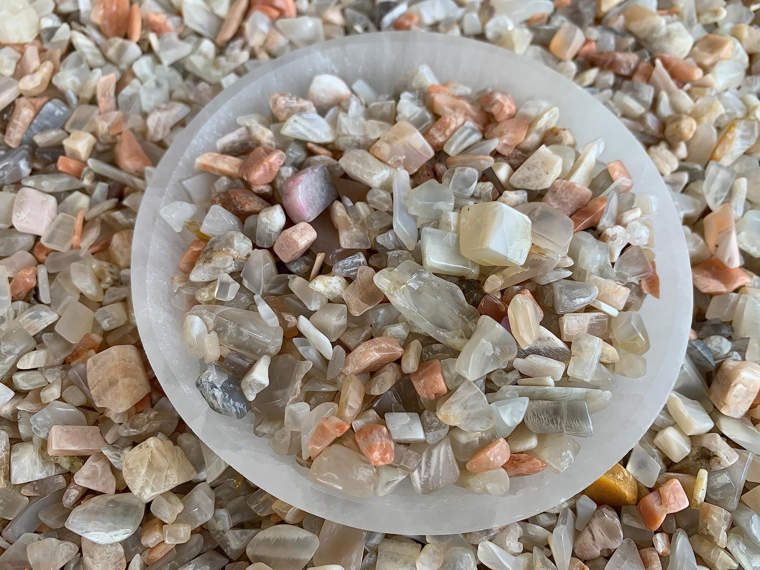 2 oz Lot Natural Semi Tumbled Moonstone Mix Gemstone Chips, Moonstone Mix Crushed Mini Crystals, Undrilled Crystal Chips (Moonst