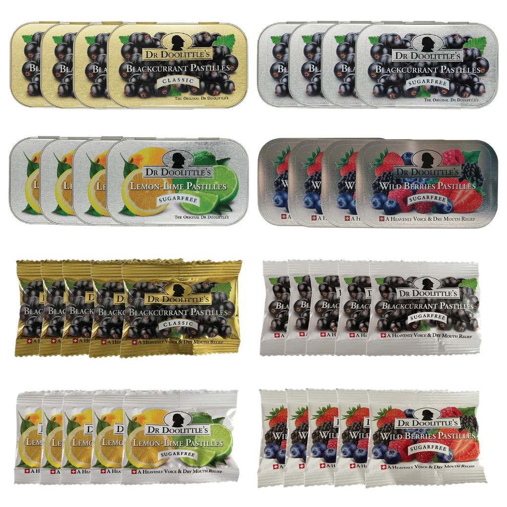 Dr. Doolittles Soft Fruit Pastilles Classic and Sugar Free Variety Pack for Voice and Throat, Blackcurrant, Lemon Lime, Wild Ber