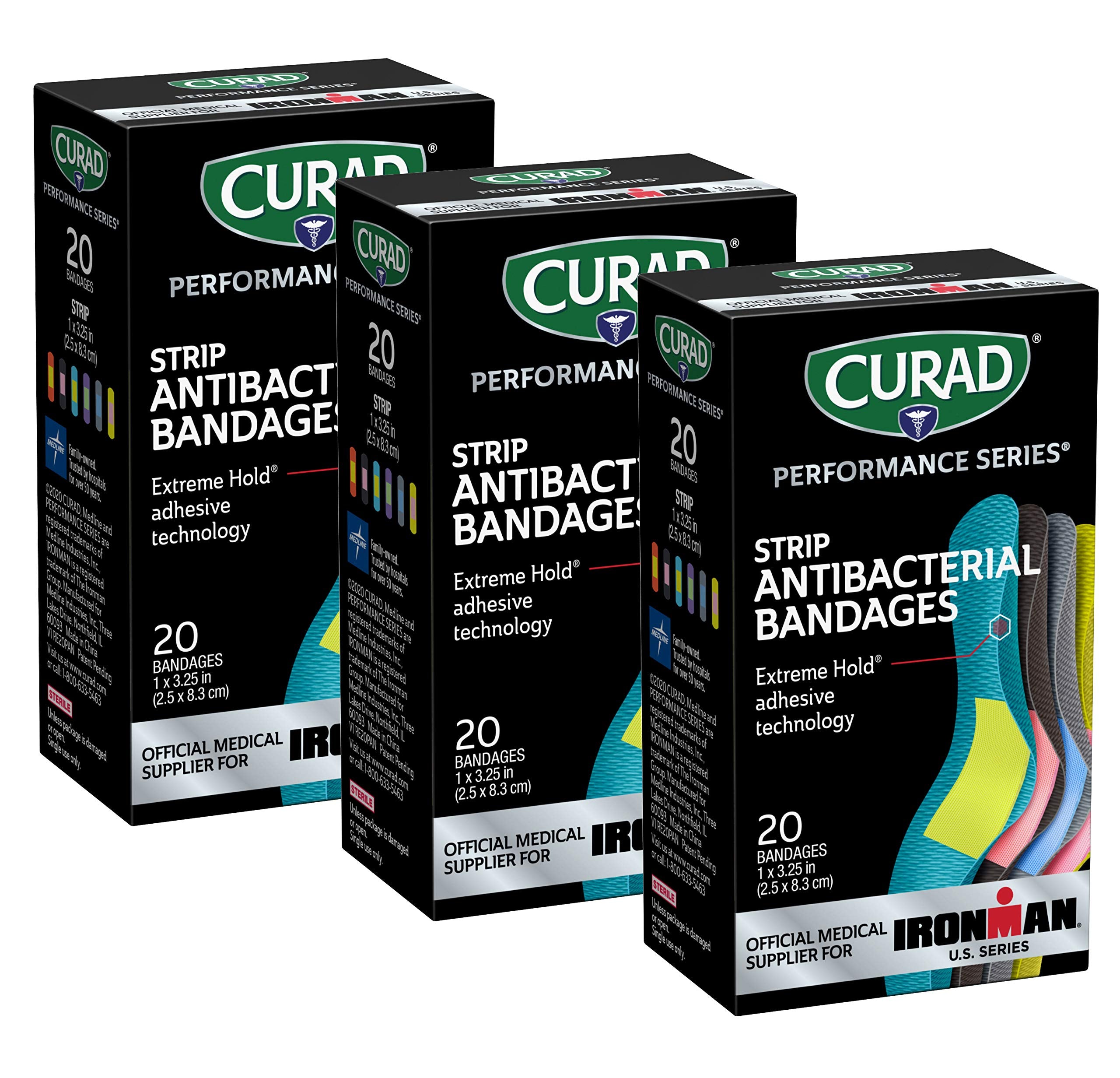 CURAD Performance Series IRONMAN Antibacterial Bandages, Extreme Hold Adhesive Technology, Standard Size Flexible Fabric Bandage