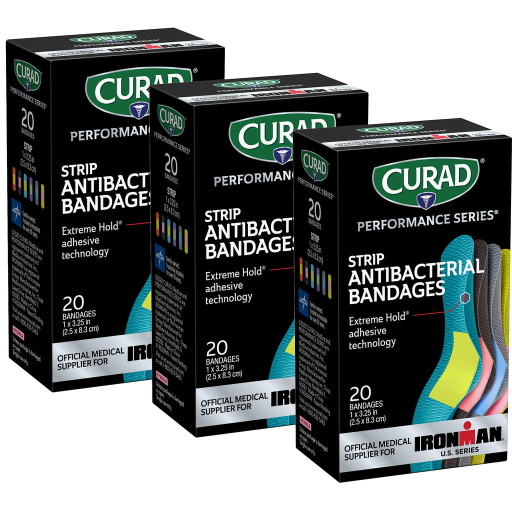 CURAD Performance Series IRONMAN Antibacterial Bandages, Extreme Hold Adhesive Technology, Standard Size Flexible Fabric Bandage