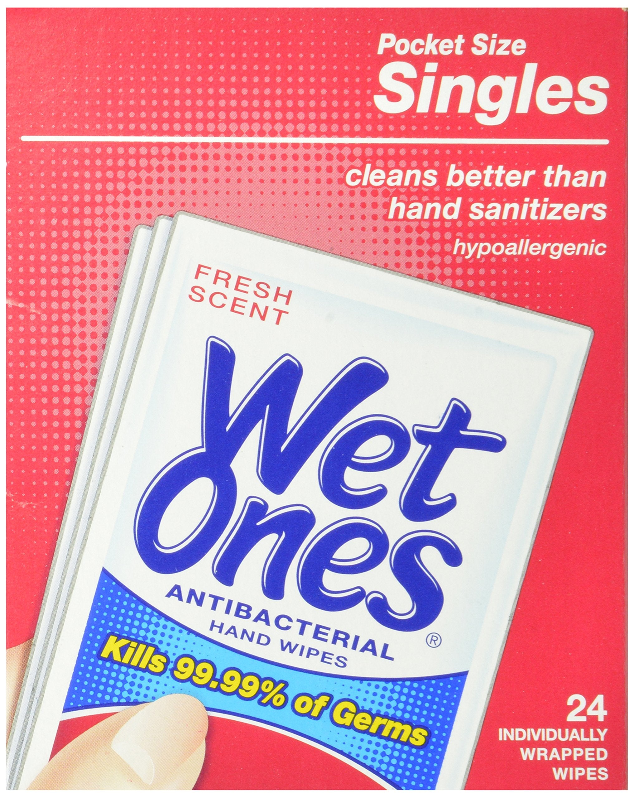 Wet Ones Antibacterial Hand and Face Wipes Singles, 24 Count (Pack of 5)