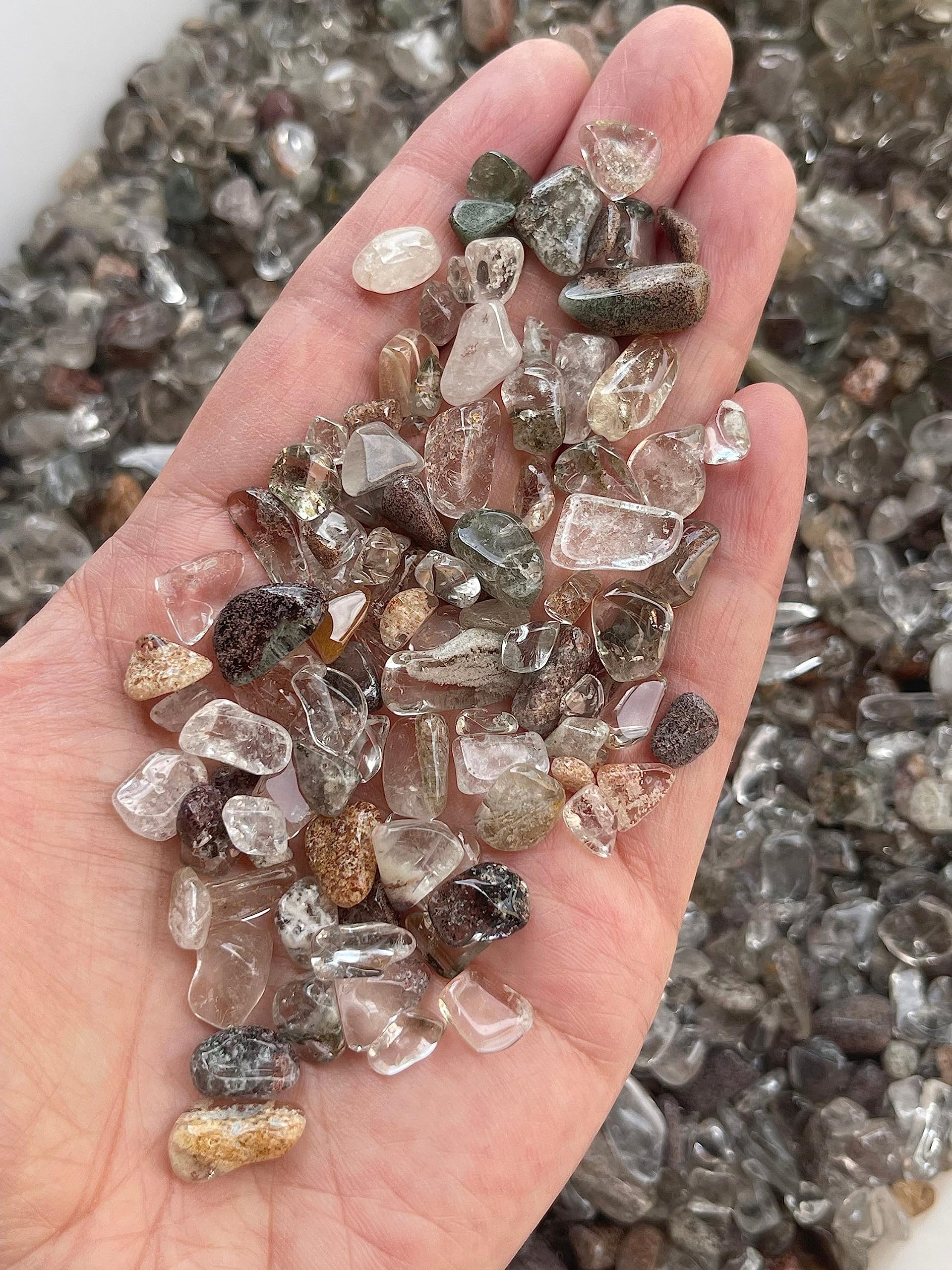 GAF TREASURES 2 oz Lot Natural Semi Tumbled Gemstone Chips, Crushed Mini Crystals, Undrilled Crystal Chips (Rutilated Quartz Mix