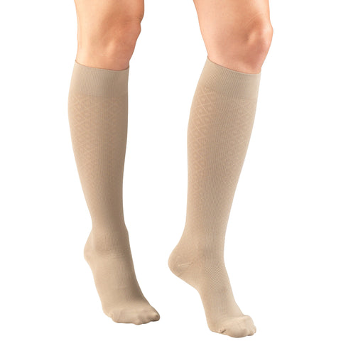 Truform Compression Socks, 15-20 mmHg, Women's Dress Socks, Knee High Over Calf Length, Tan Diamond Knit, Large